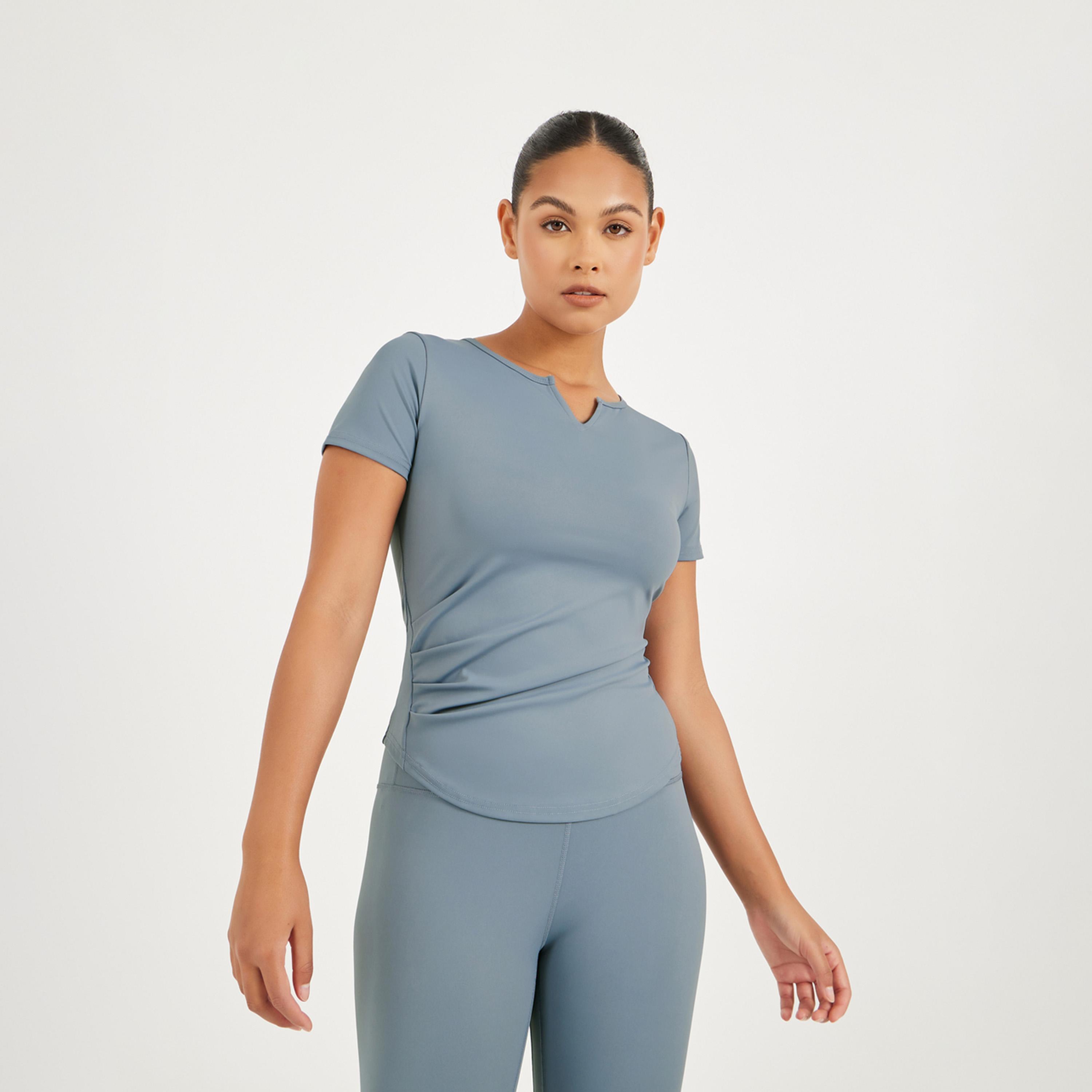Styli Active Gathered Curved Hem Detail Notch Neck Top-men-clothing-sportswearandactivewear-tshirtsandpolos-image-1
