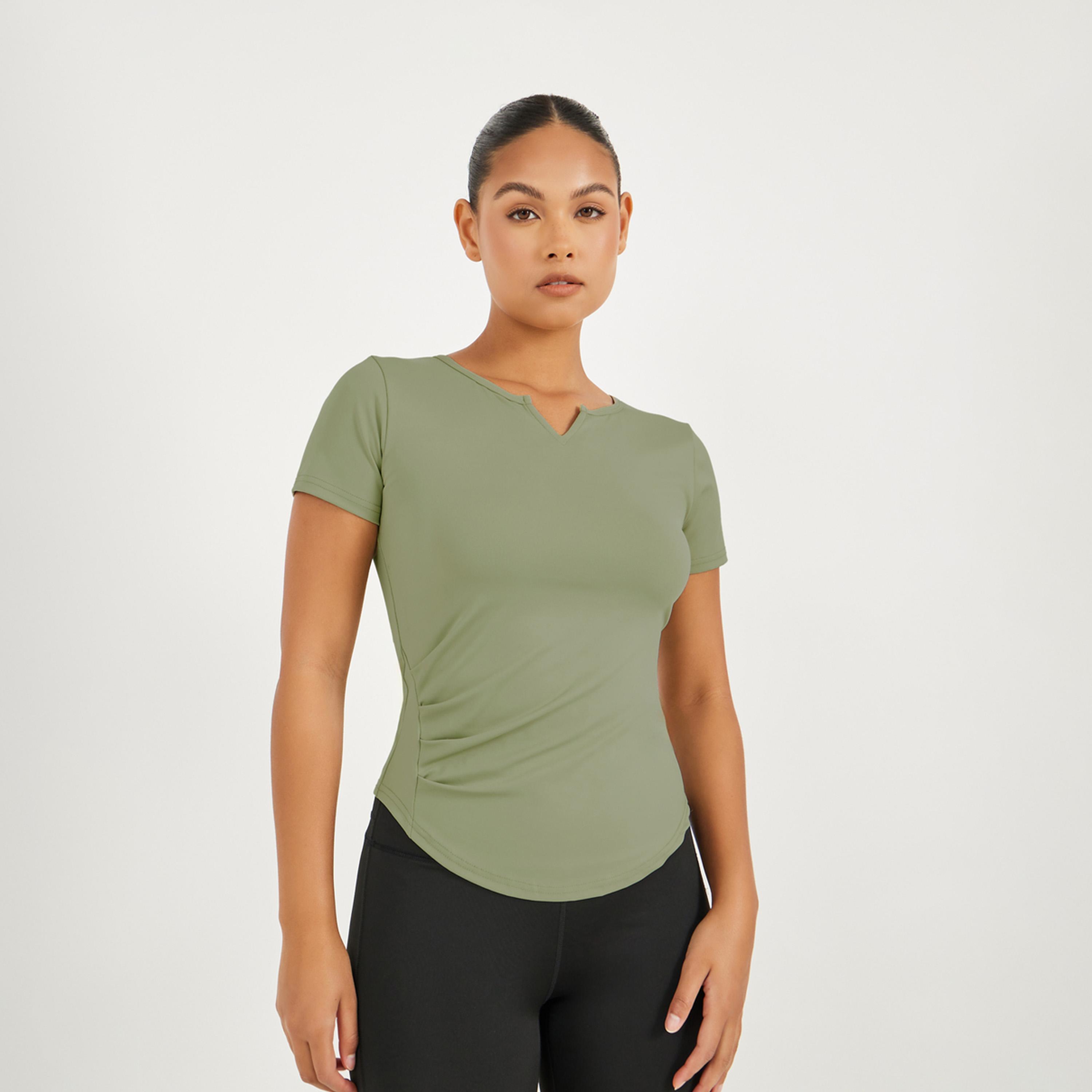 Styli Active Gathered Curved Hem Detail Notch Neck Top-women-clothing-tshirts-image-1