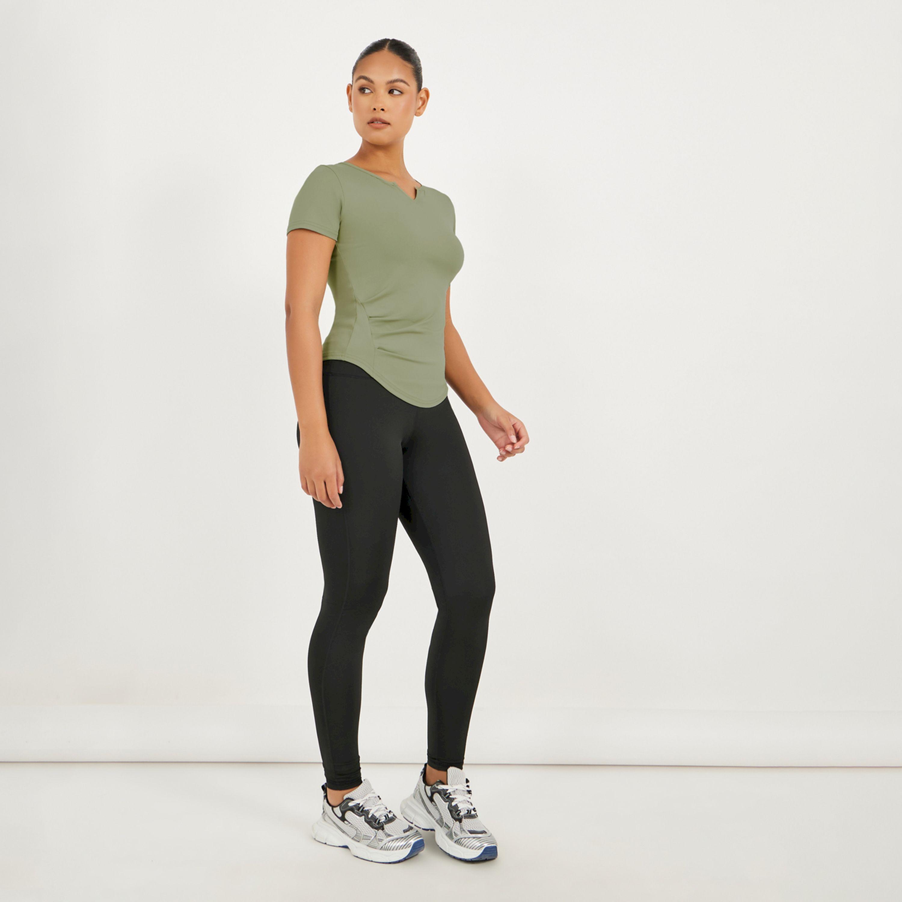 Styli Active Gathered Curved Hem Detail Notch Neck Top-women-clothing-tshirts-image-2