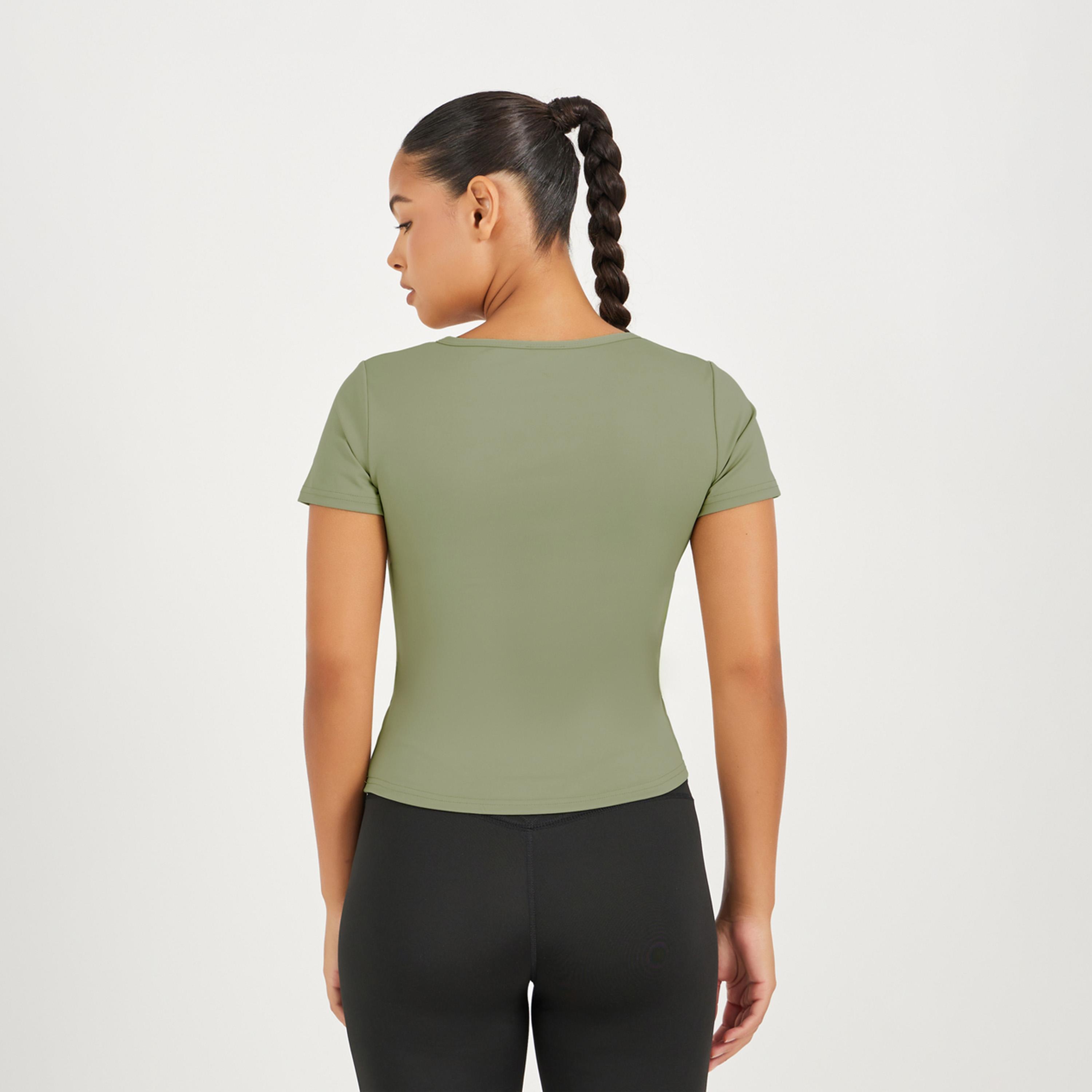 Styli Active Gathered Curved Hem Detail Notch Neck Top-women-clothing-tshirts-image-4