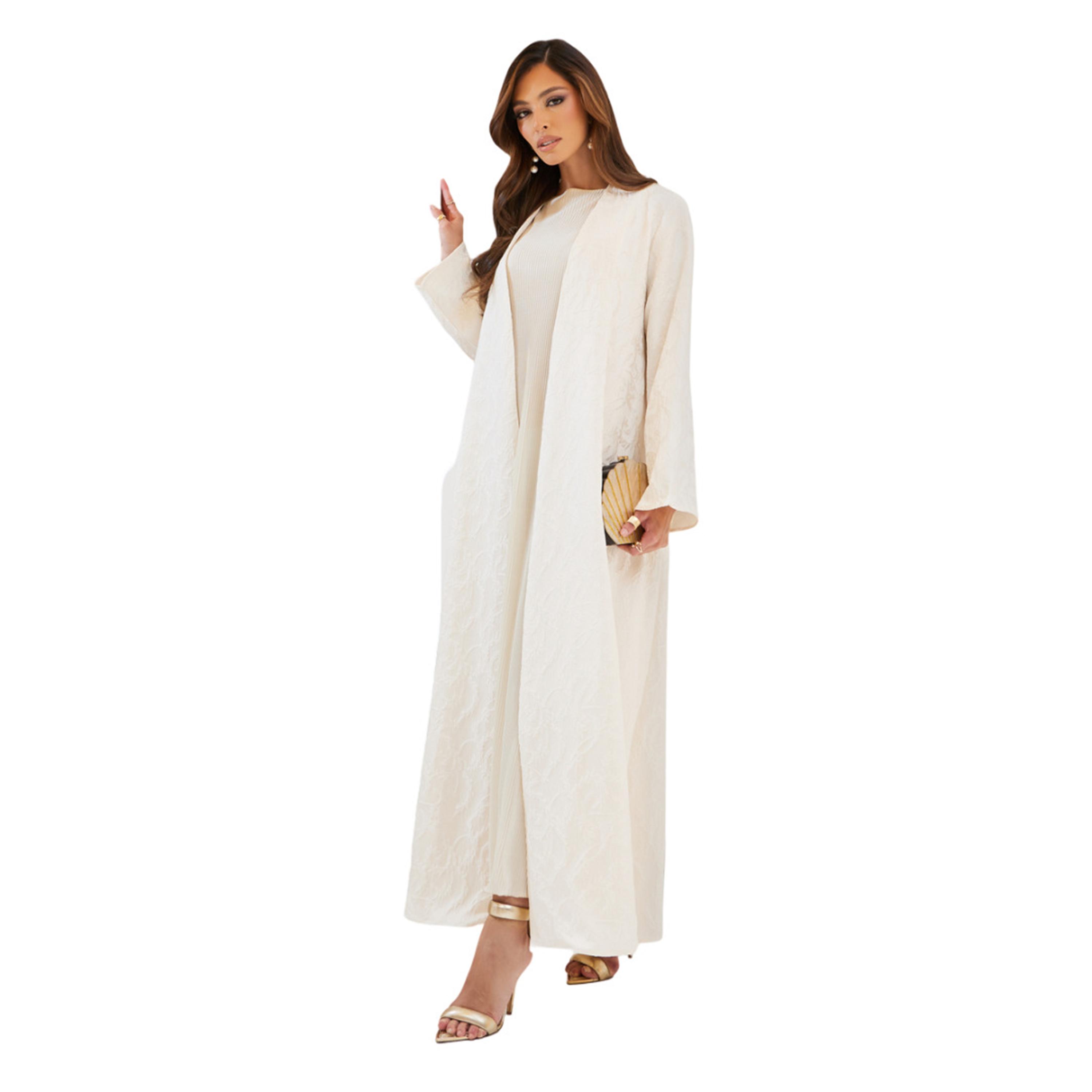 Styli Jacquard Collarless Abaya with Snap-Button Closure-women-arabicclothing-abayas-image-1