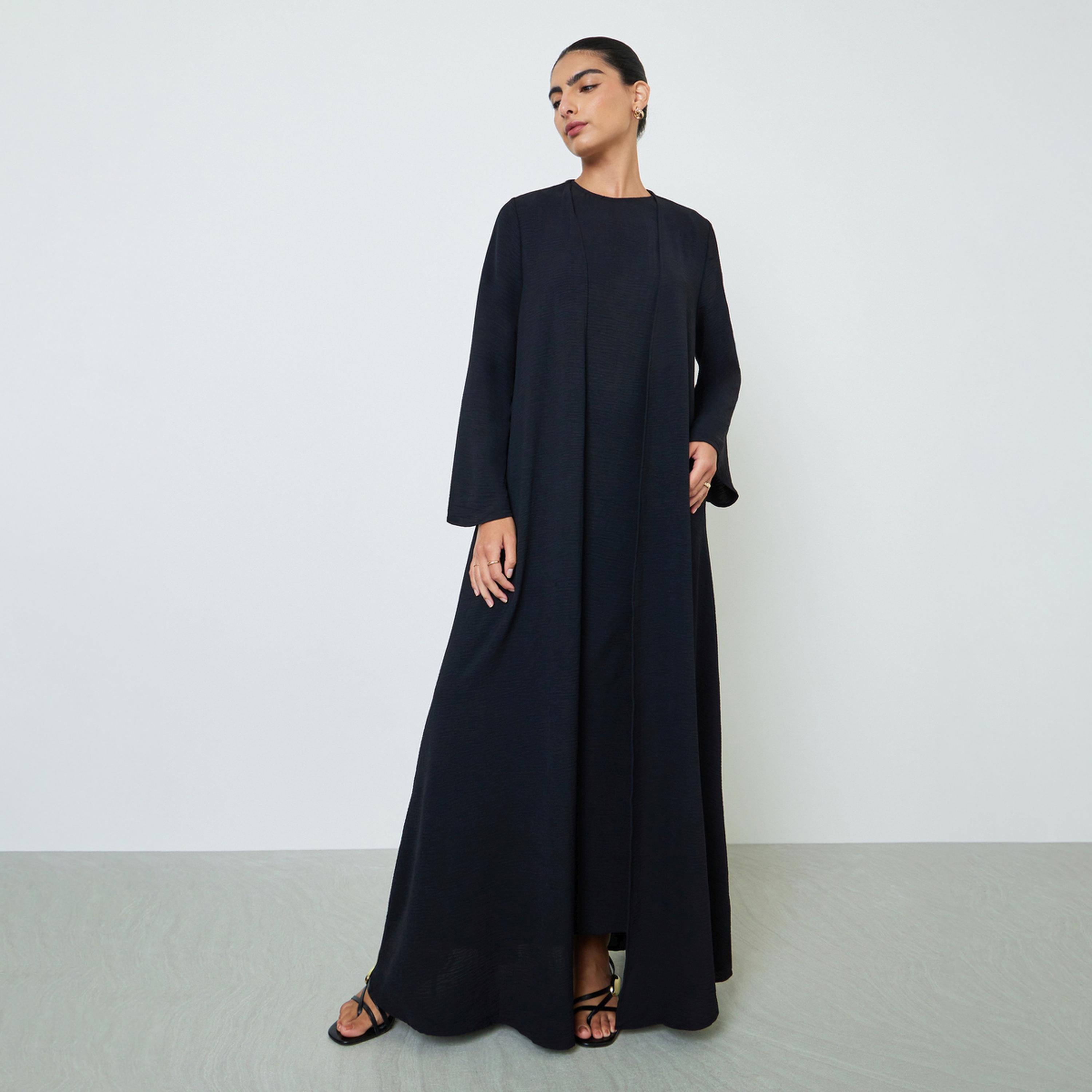 Amirah X Styli Black 2-Piece Front Open Abaya and Dress Modest Set-women-arabicclothing-sets-image-1
