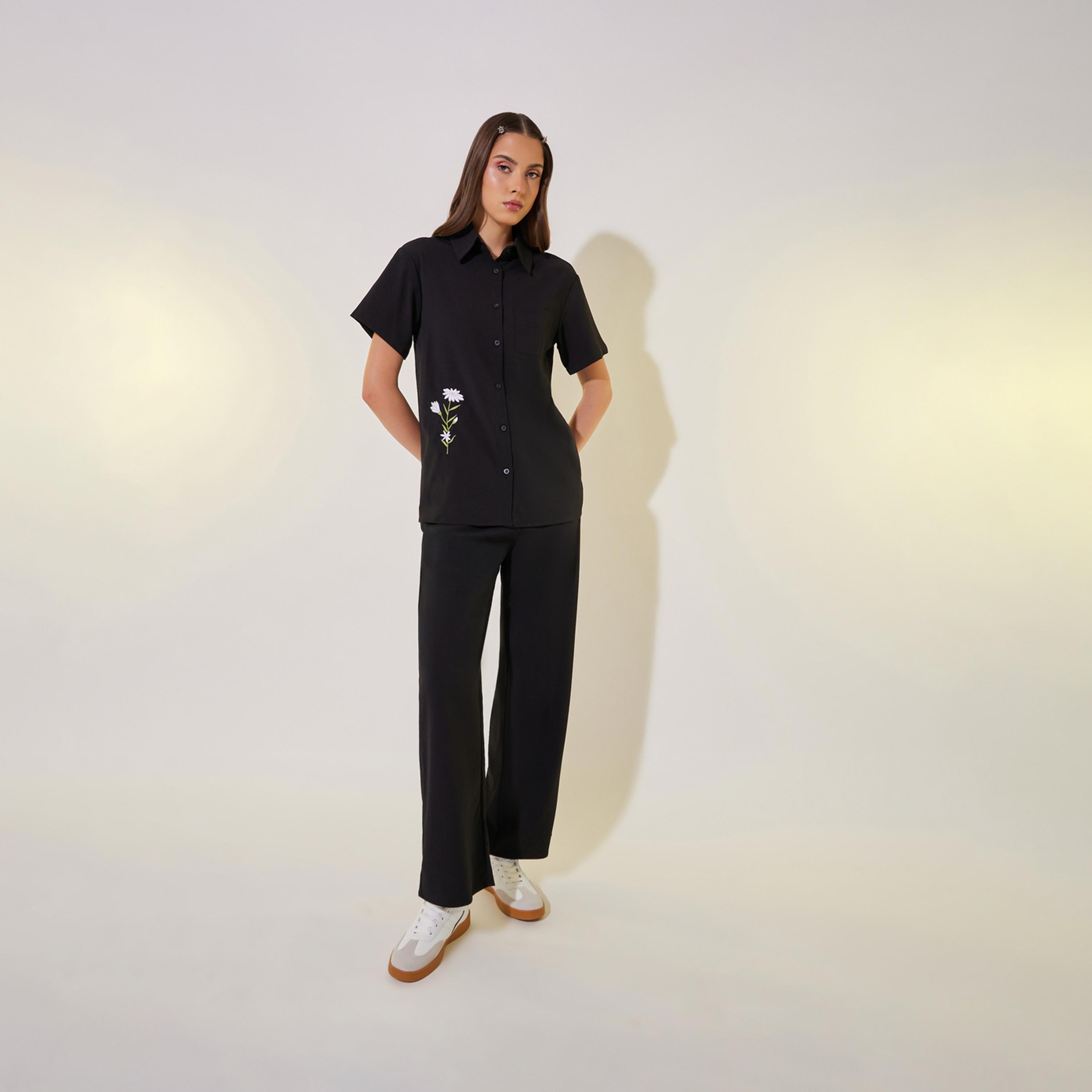 Take Two Embroidered Detail Short Sleeve Shirt and Pants Co-Ords-women-clothing-coordsets-image-1