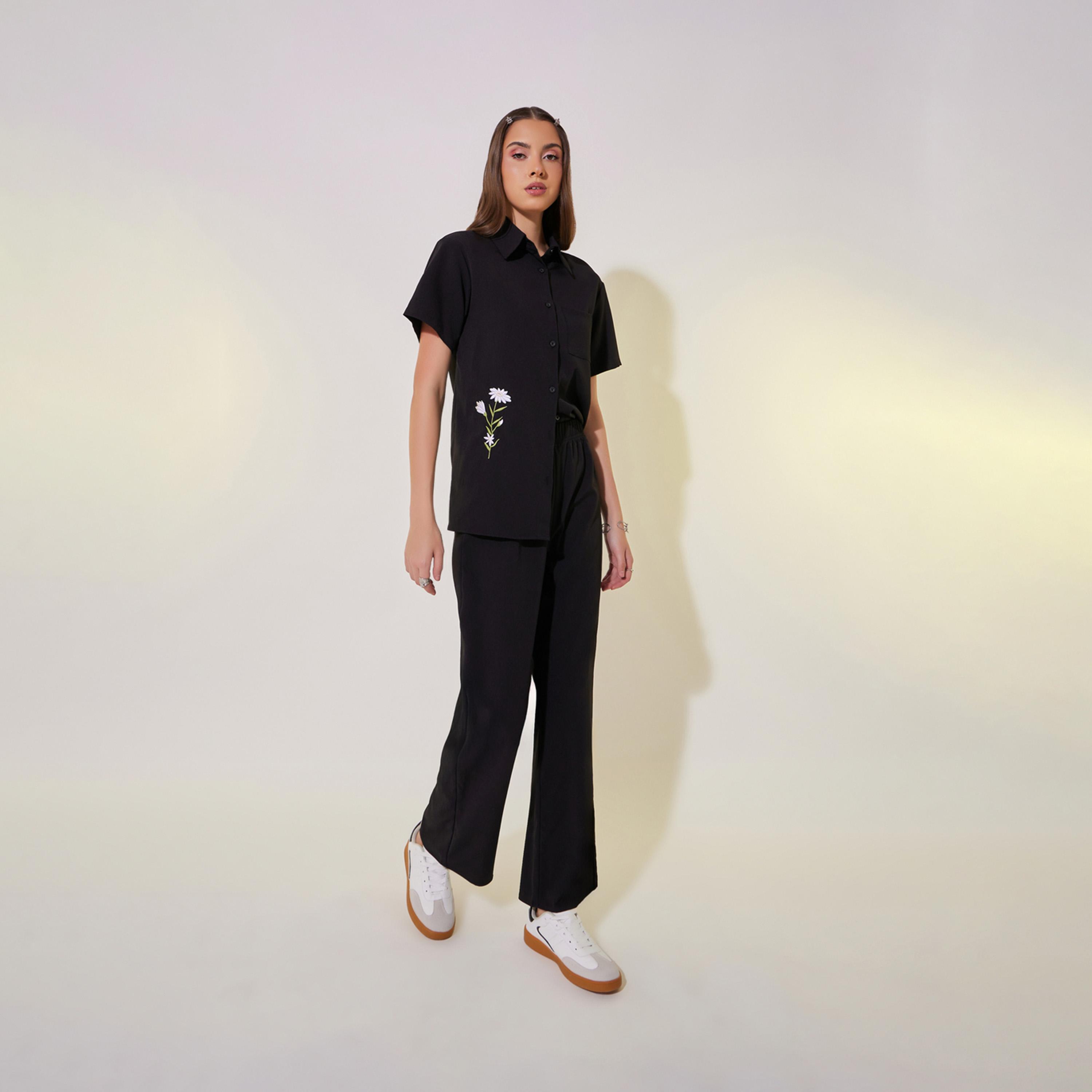 Take Two Embroidered Detail Short Sleeve Shirt and Pants Co-Ords-women-clothing-coordsets-image-2