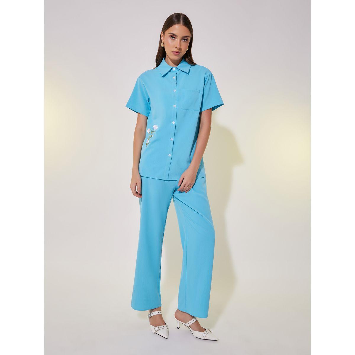 Take Two Embroidered Detail Short Sleeve Shirt and Pants Co-Ords-women-clothing-coordsets-image-2