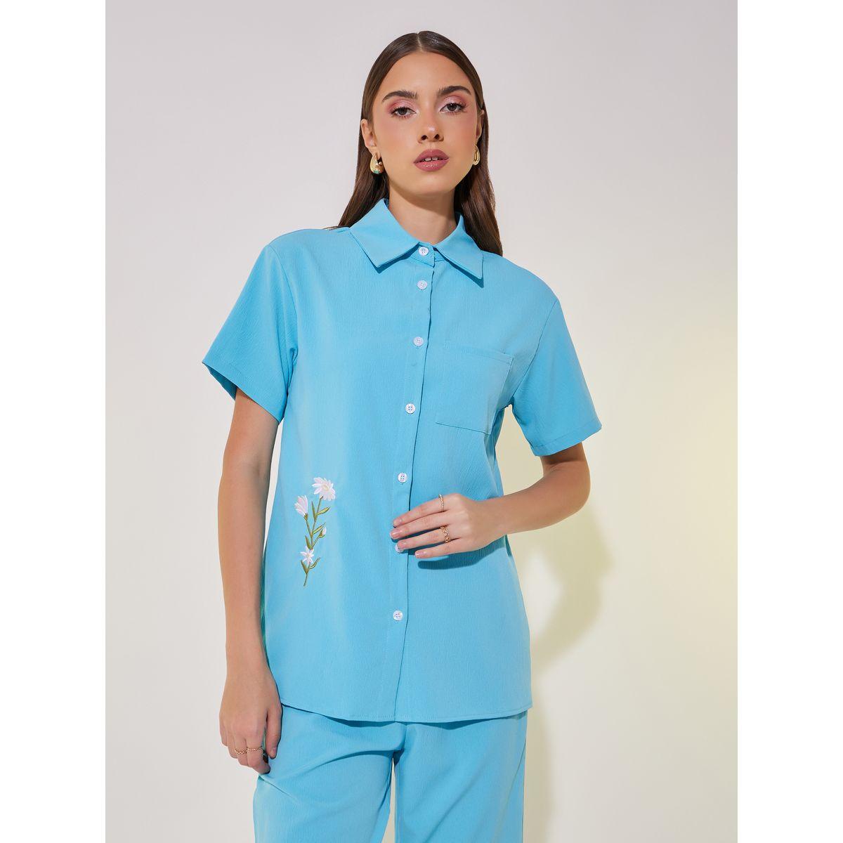 Take Two Embroidered Detail Short Sleeve Shirt and Pants Co-Ords-women-clothing-coordsets-image-3