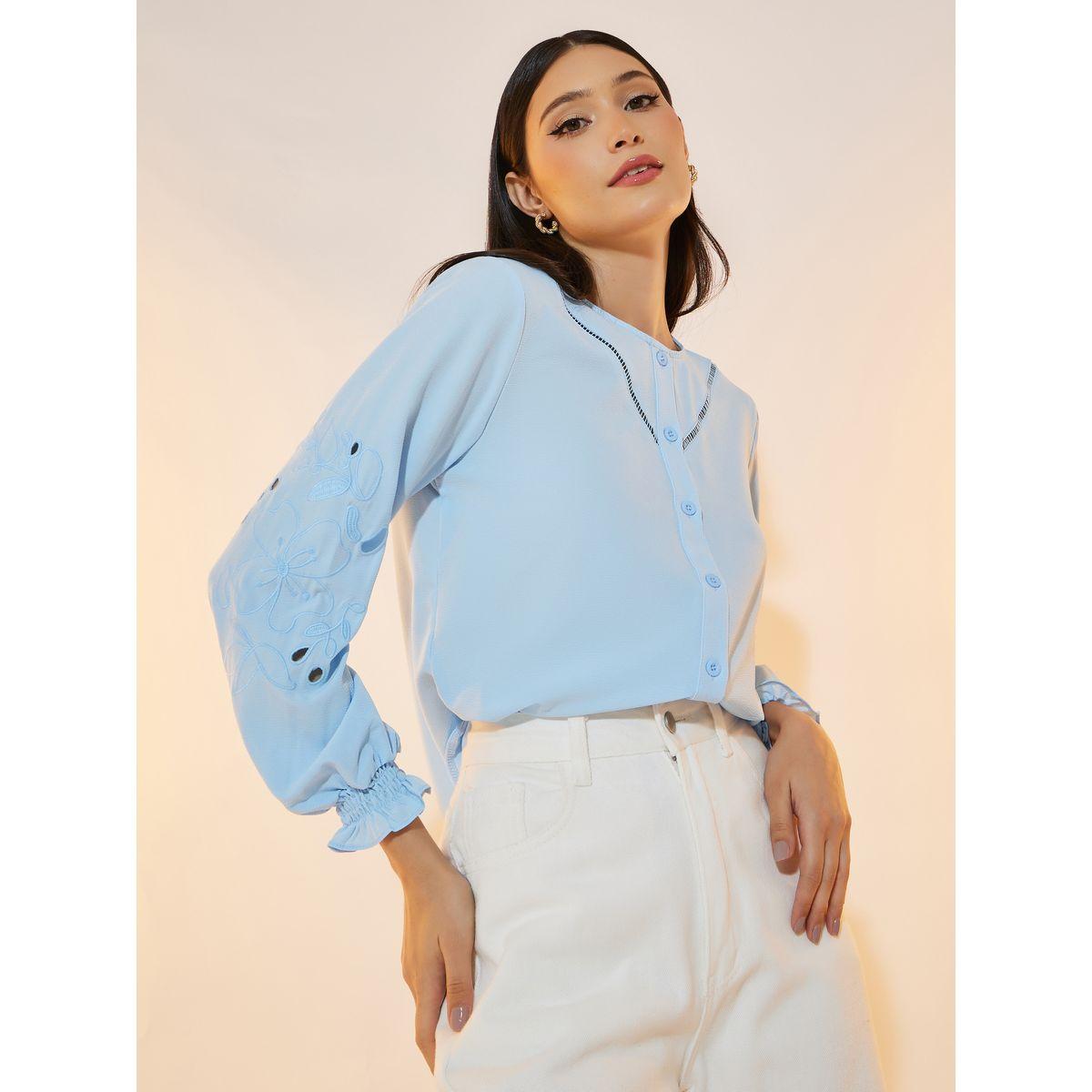 بلوزة سادة بتفاصيل مُطرّزة بأكمام مزينة بفتحات-women-clothing-shirtsandblouses-shirts-image-5
