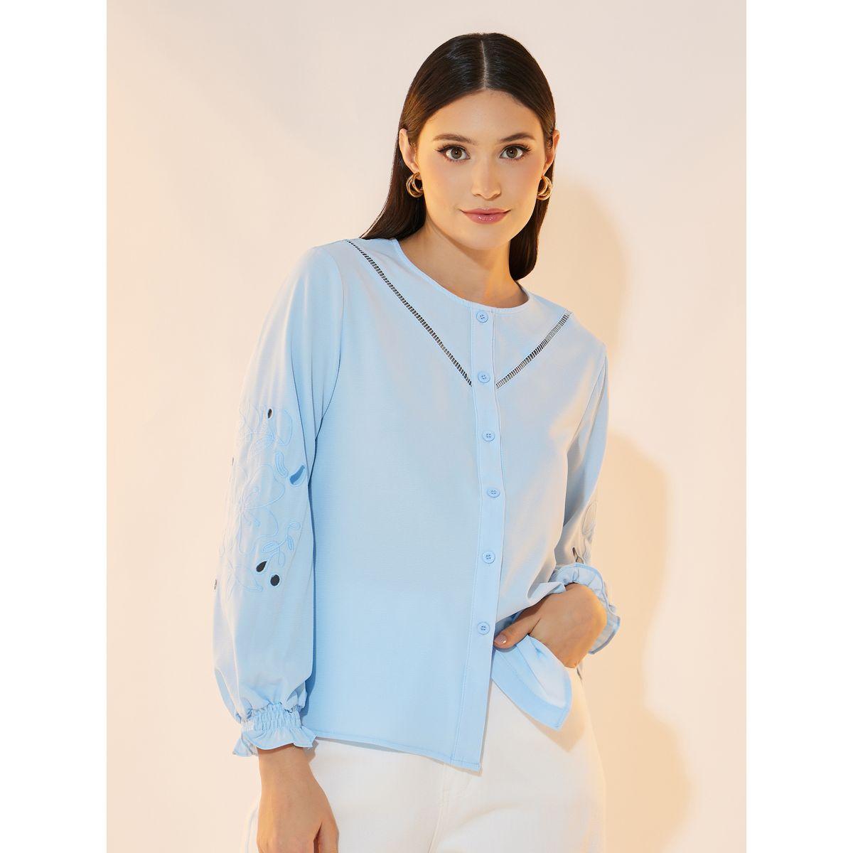 Take Two Solid Cut Out Sleeve Embroidered Detail Shirt-women-clothing-shirtsandblouses-shirts-image-3
