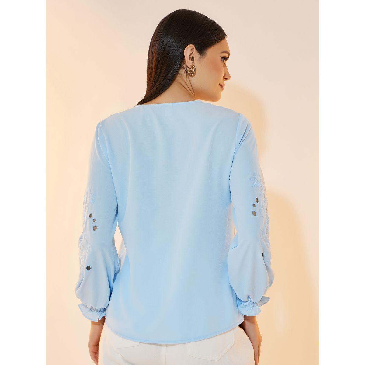 بلوزة سادة بتفاصيل مُطرّزة بأكمام مزينة بفتحات-women-clothing-shirtsandblouses-shirts-image-1