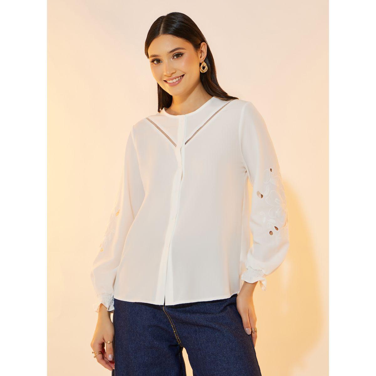 Take Two Solid Cut Out Sleeve Embroidered Detail Shirt-women-clothing-shirtsandblouses-shirts-image-3
