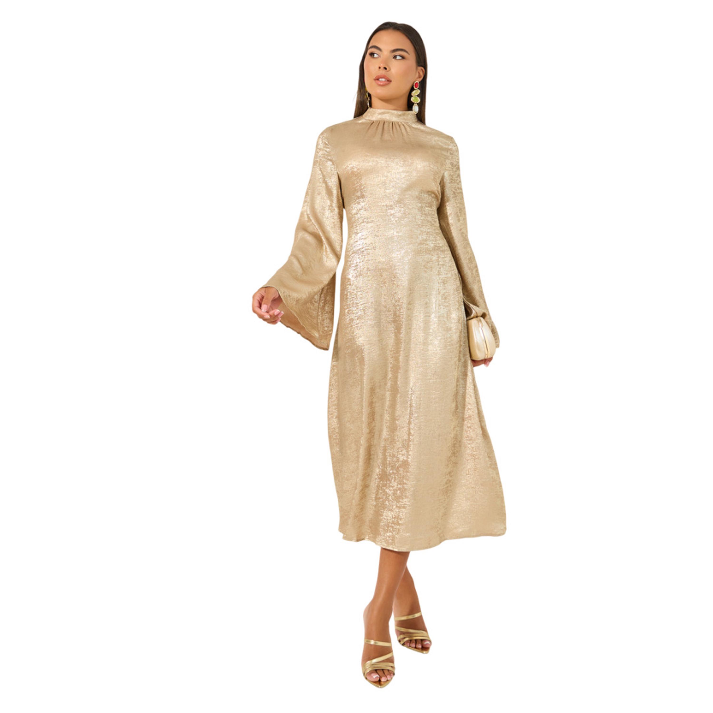 ستايلي -  فستان لامع متوسط الطول بأكمام جرس على شكل حرف A-women-clothing-dresses-image-1