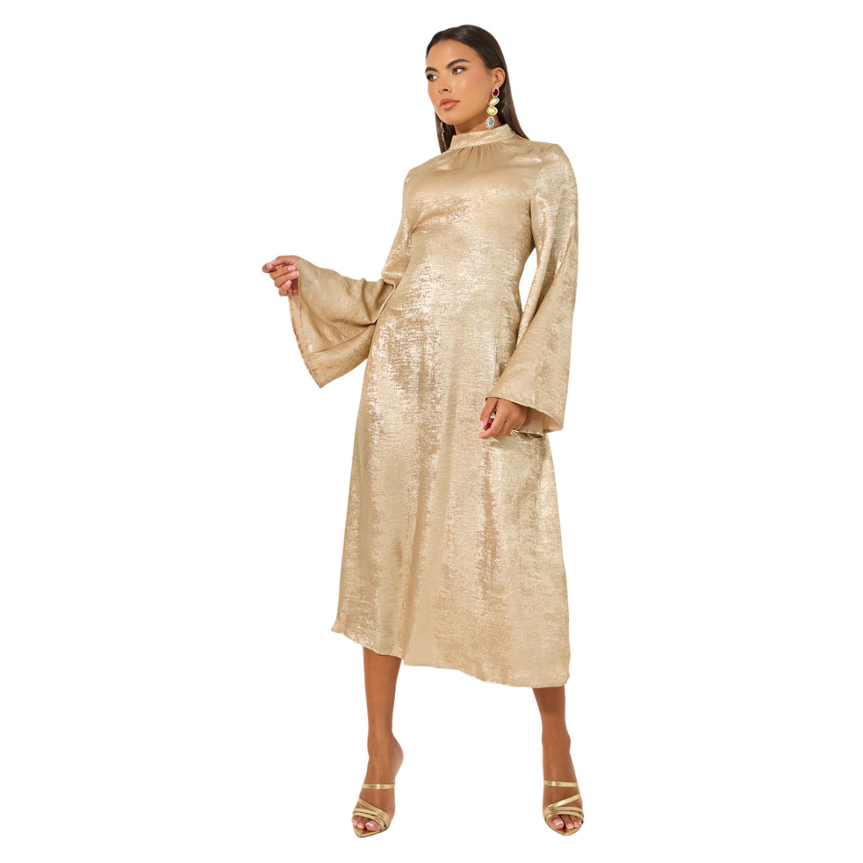 ستايلي -  فستان لامع متوسط الطول بأكمام جرس على شكل حرف A-women-clothing-dresses-image-2