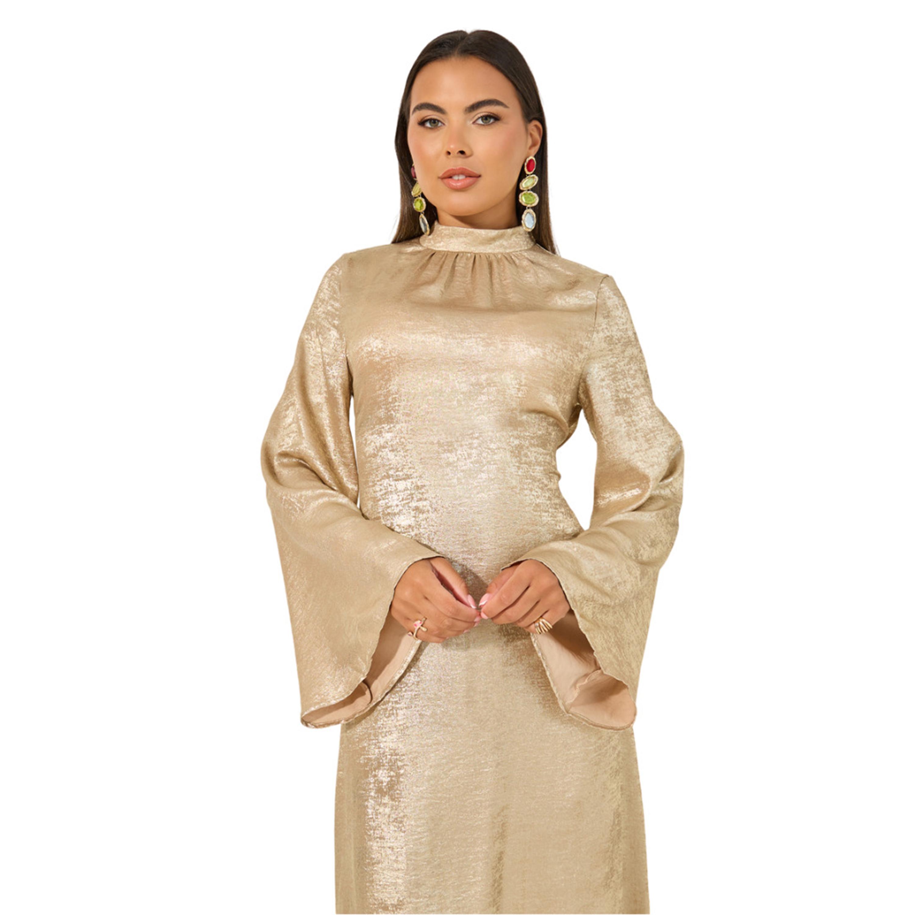 ستايلي -  فستان لامع متوسط الطول بأكمام جرس على شكل حرف A-women-clothing-dresses-image-3