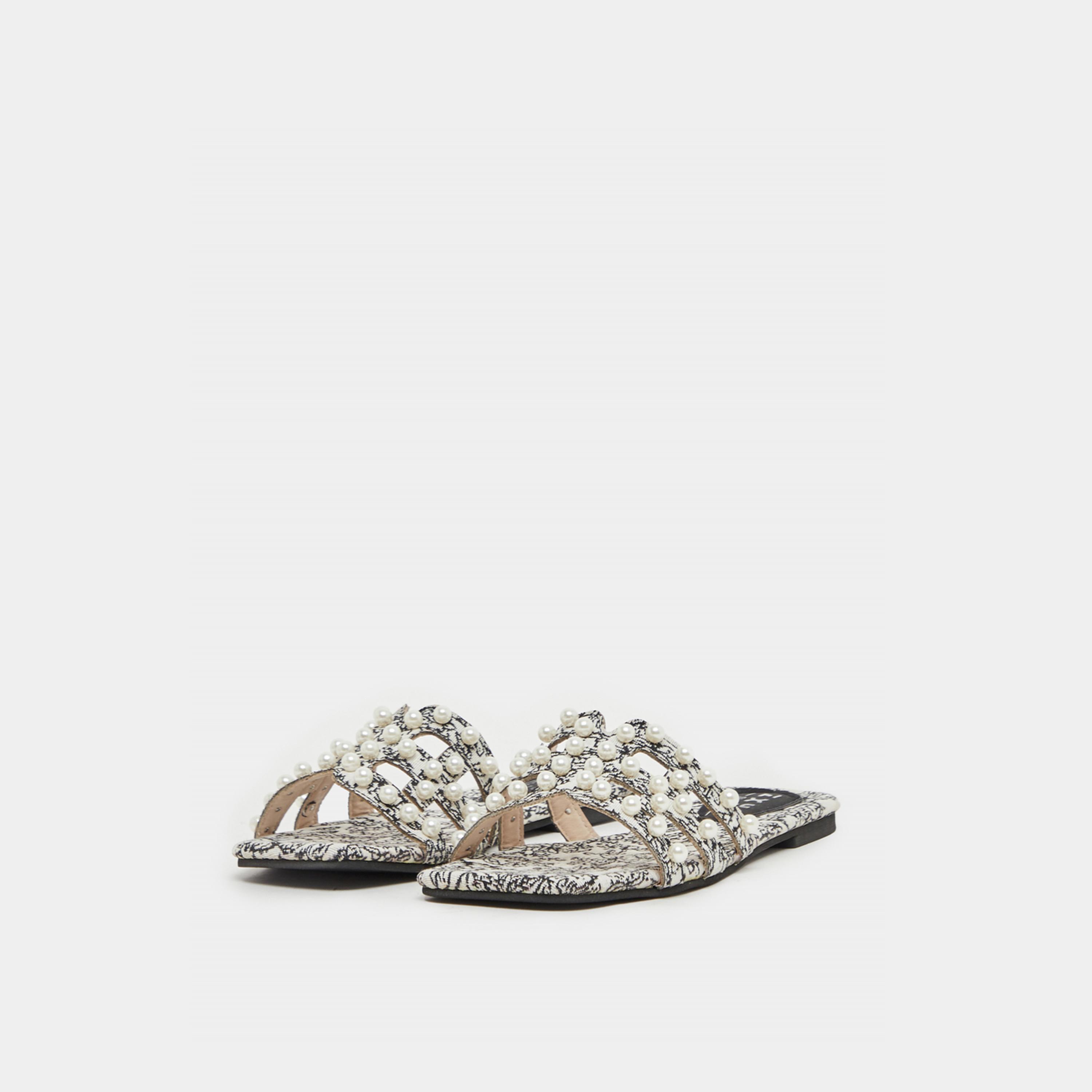 Take Two Printed Faux Pearl Detail Flat Sandals-women-shoes-sandals-flats-image-2