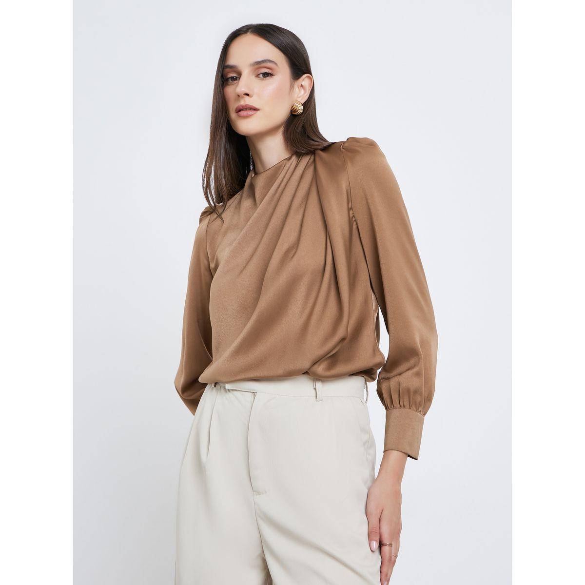بلوزة ساتان بأكمام منفوخة مع تفاصيل كسرات-women-clothing-shirtsandblouses-blouses-image-1