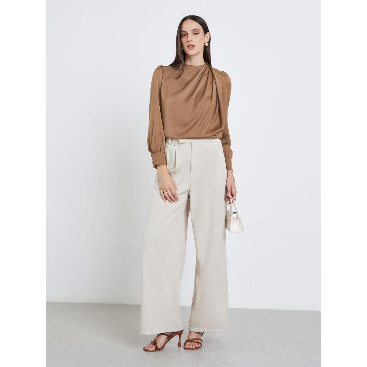 بلوزة ساتان بأكمام منفوخة مع تفاصيل كسرات-women-clothing-shirtsandblouses-blouses-image-2