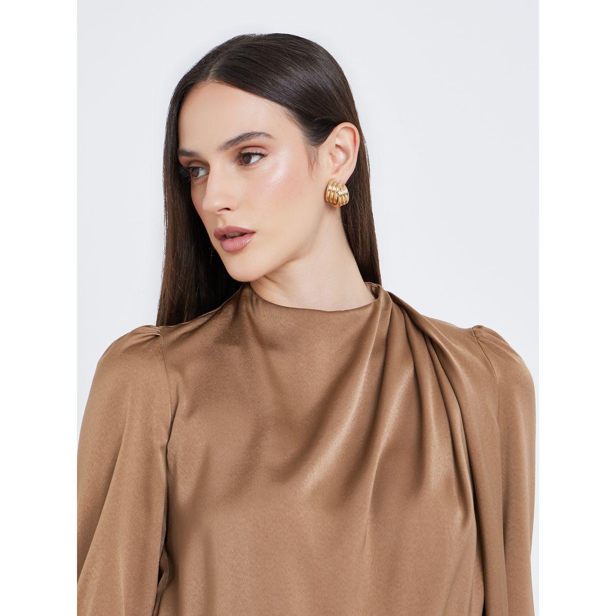 بلوزة ساتان بأكمام منفوخة مع تفاصيل كسرات-women-clothing-shirtsandblouses-blouses-image-4