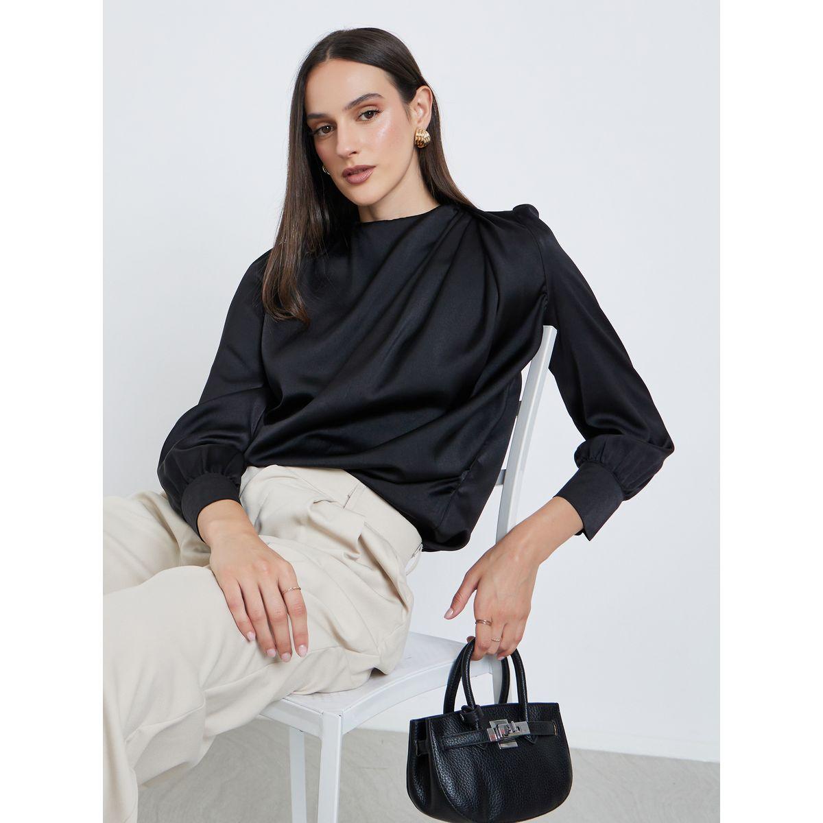 بلوزة ساتان بأكمام منفوخة مع تفاصيل كسرات-women-clothing-shirtsandblouses-blouses-image-1
