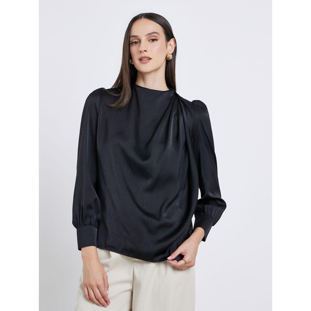 بلوزة ساتان بأكمام منفوخة مع تفاصيل كسرات-women-clothing-shirtsandblouses-blouses-image-3
