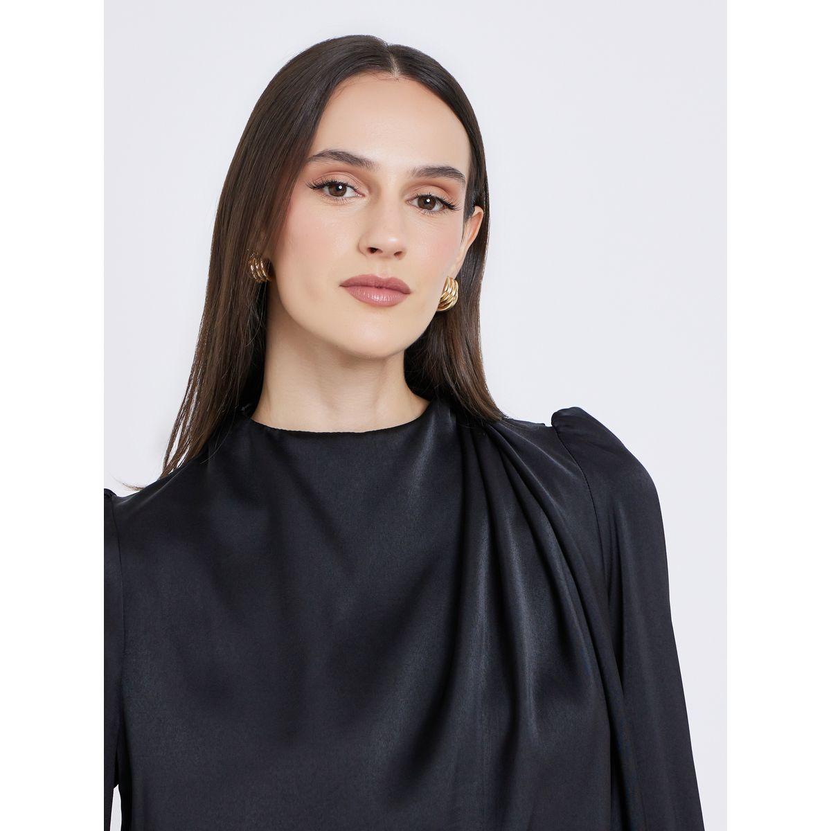 بلوزة ساتان بأكمام منفوخة مع تفاصيل كسرات-women-clothing-shirtsandblouses-blouses-image-4