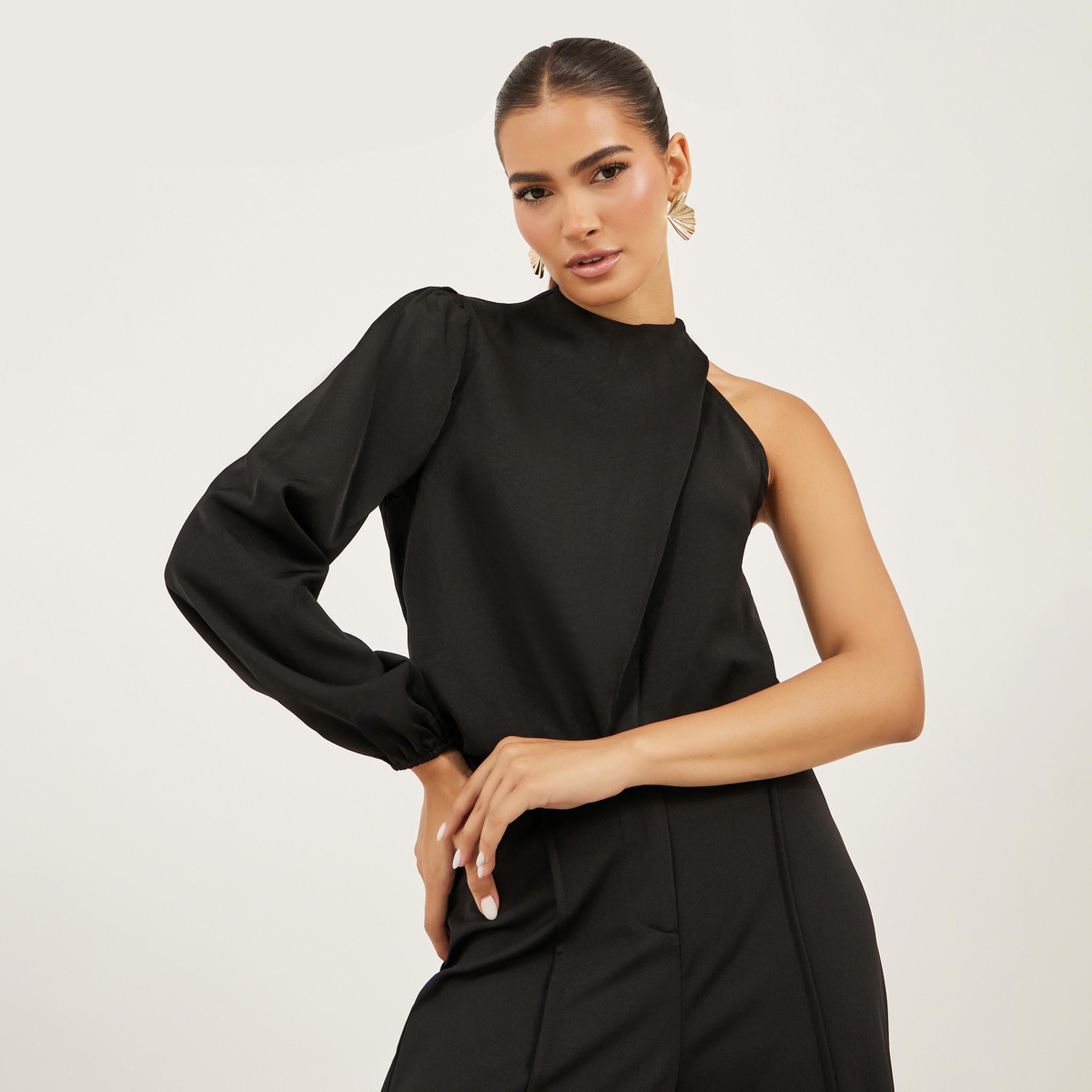 Styli Solid High Neck Balloon Sleeve Blouse-women-clothing-shirtsandblouses-blouses-image-1