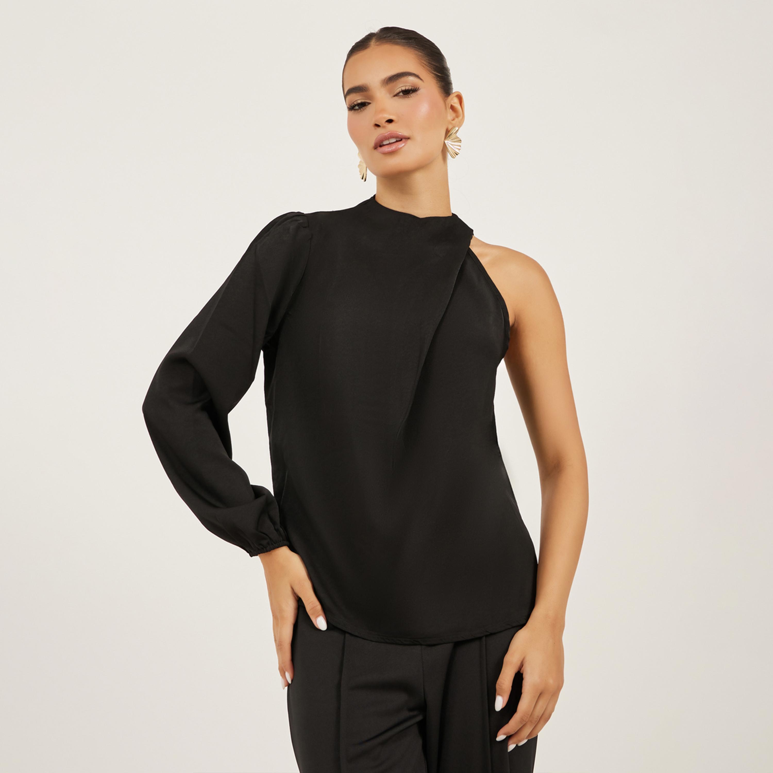 ستايلي - بلوزة سادة بياقة عالية وأكمام منفوخة-women-clothing-shirtsandblouses-blouses-image-3