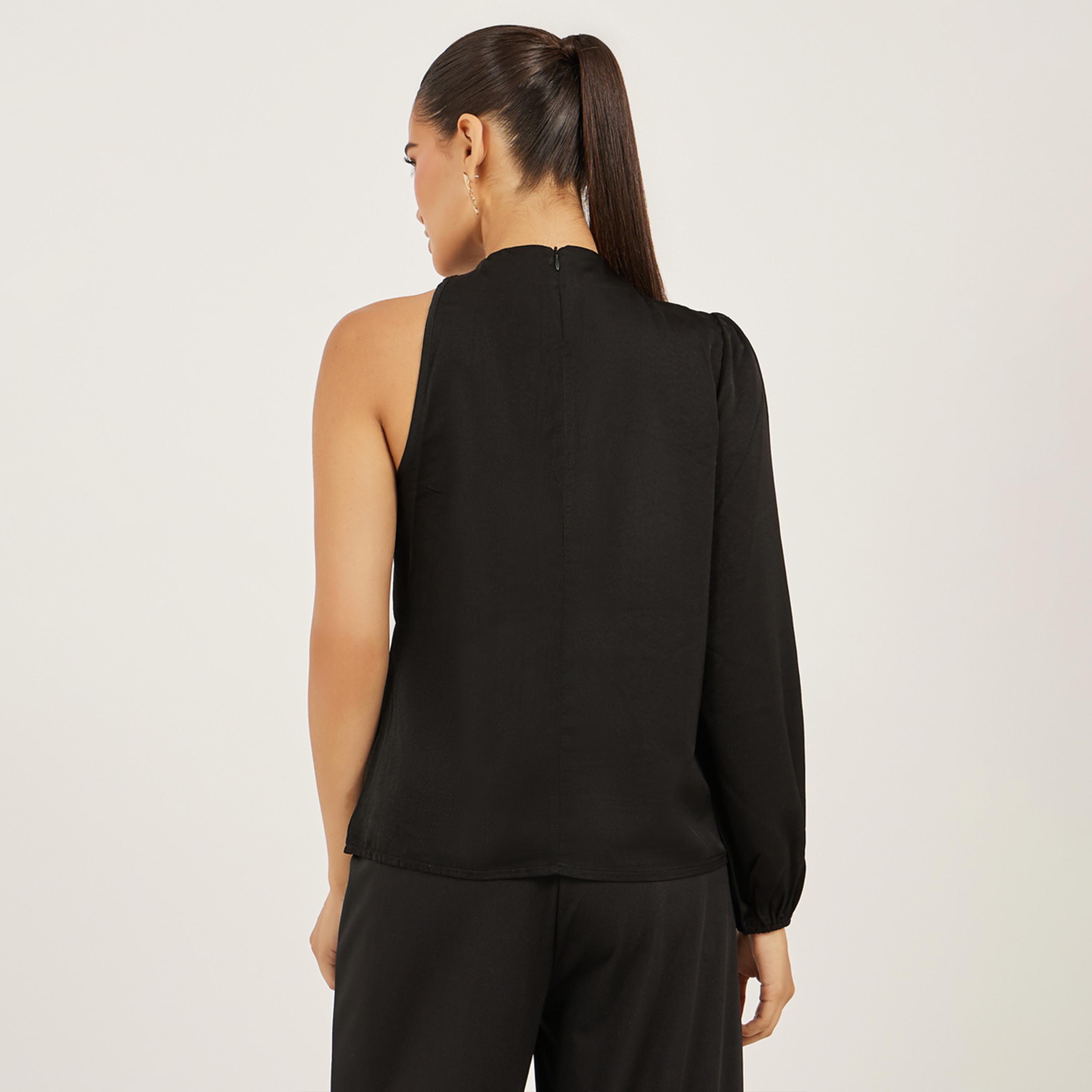 ستايلي - بلوزة سادة بياقة عالية وأكمام منفوخة-women-clothing-shirtsandblouses-blouses-image-5