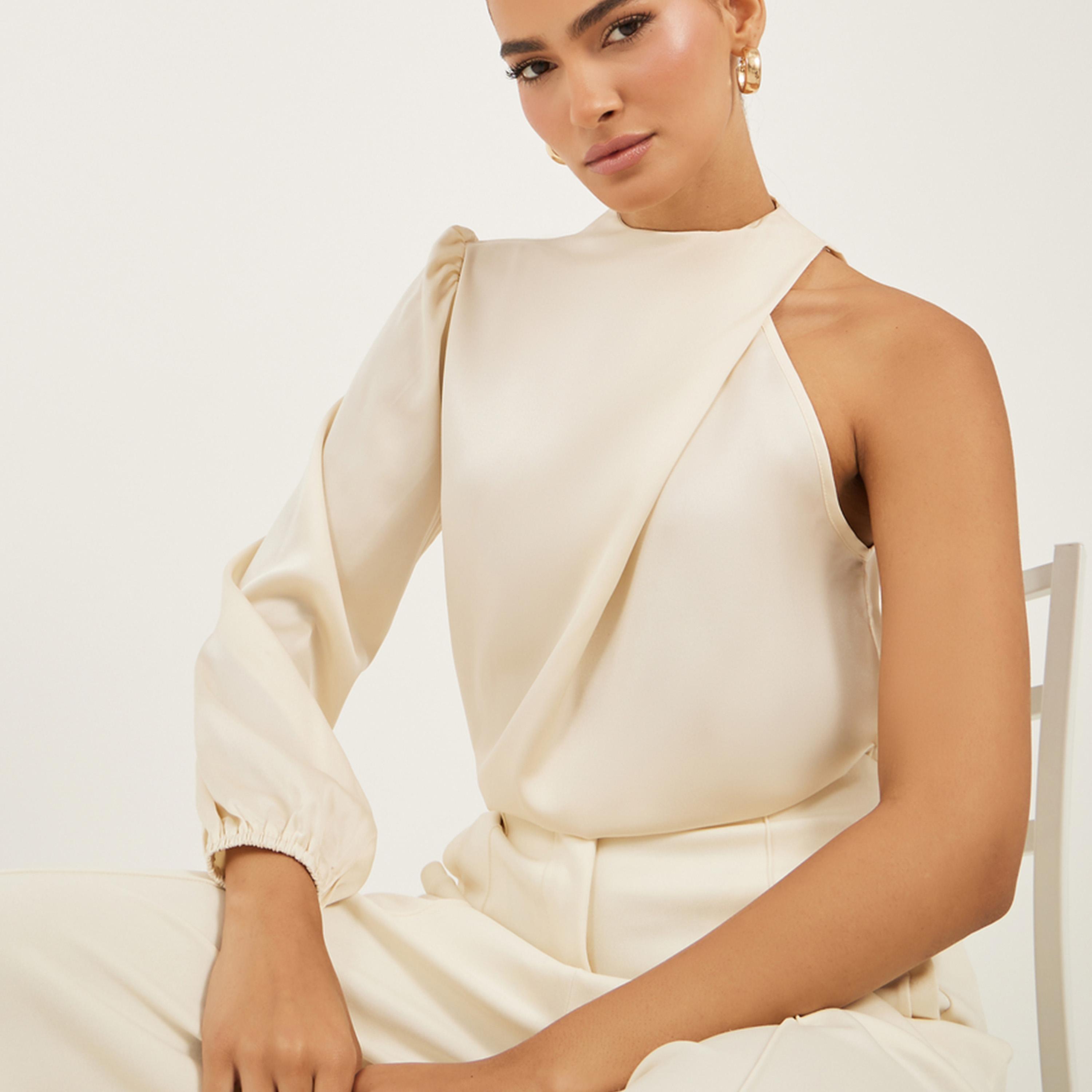 ستايلي - بلوزة سادة بياقة عالية وأكمام منفوخة-women-clothing-shirtsandblouses-blouses-image-1