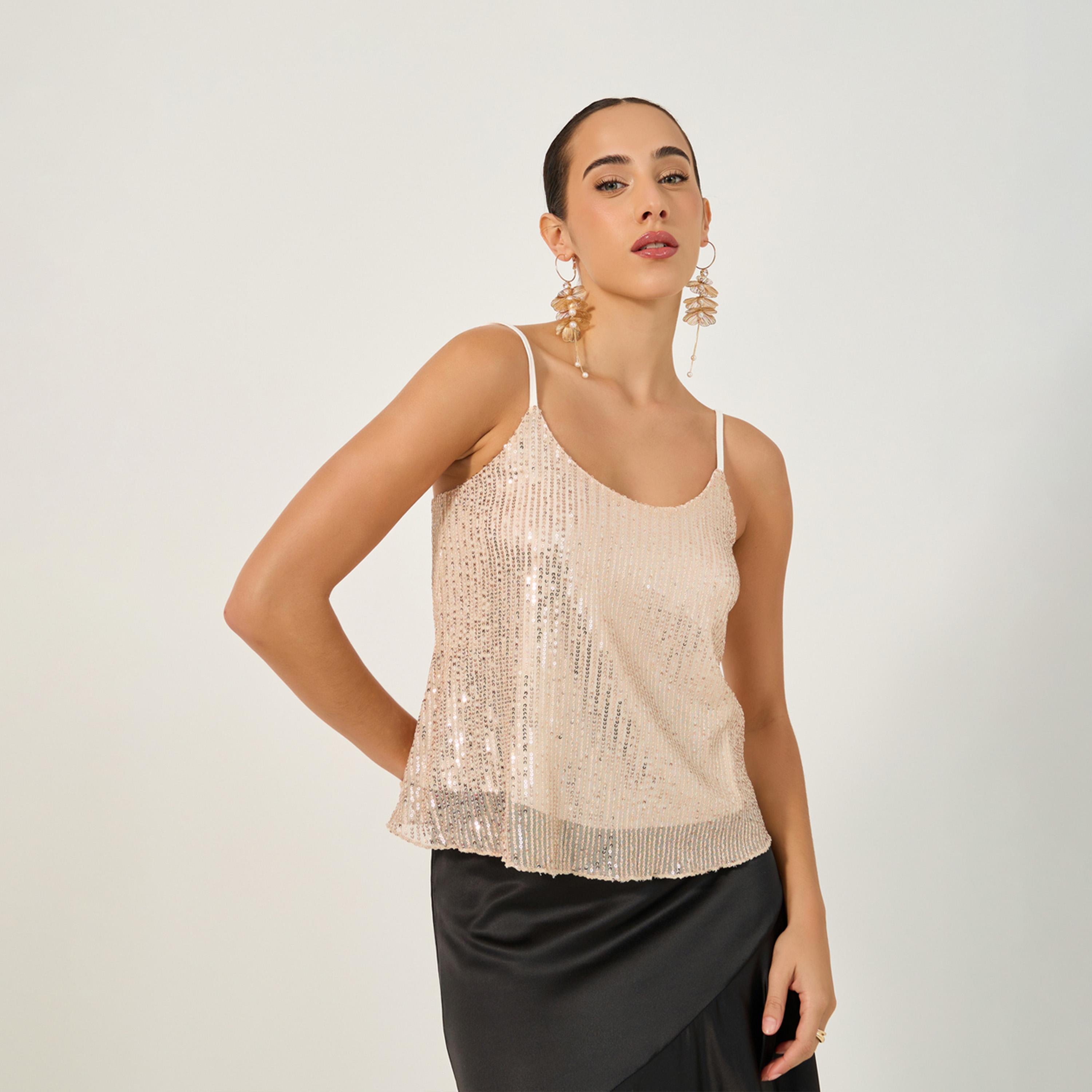 ستايلي - بلوزة كامي مزينة بالترتر بفتحة رقبة دائرية-women-clothing-tshirts-image-1