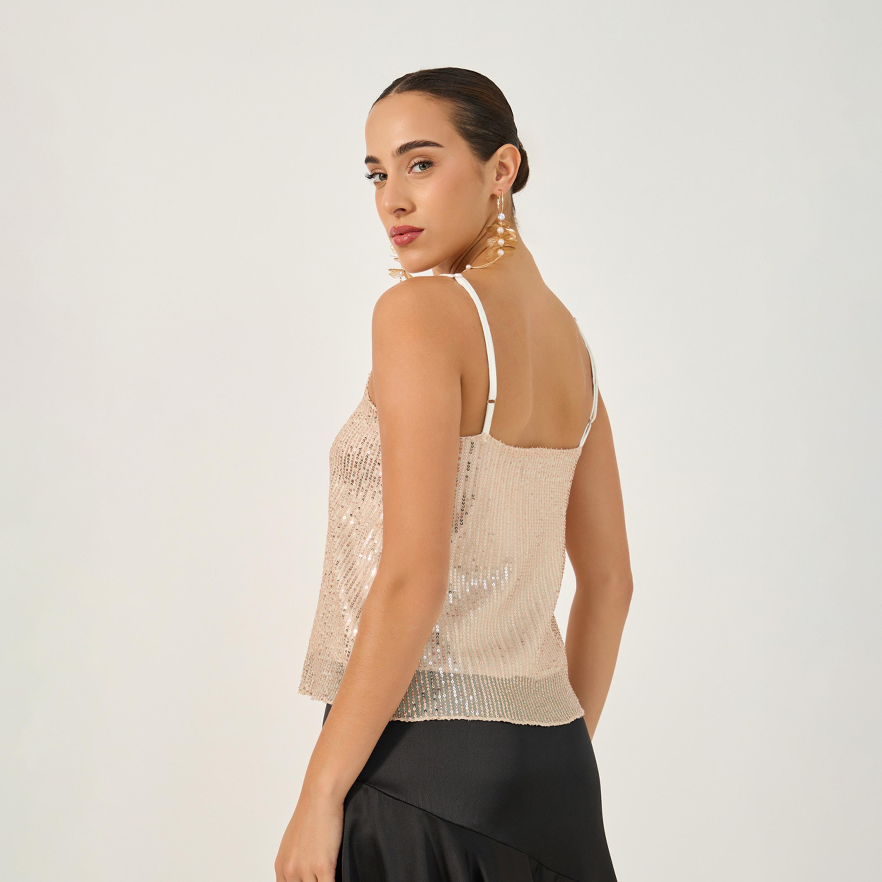 ستايلي - بلوزة كامي مزينة بالترتر بفتحة رقبة دائرية-women-clothing-tshirts-image-4