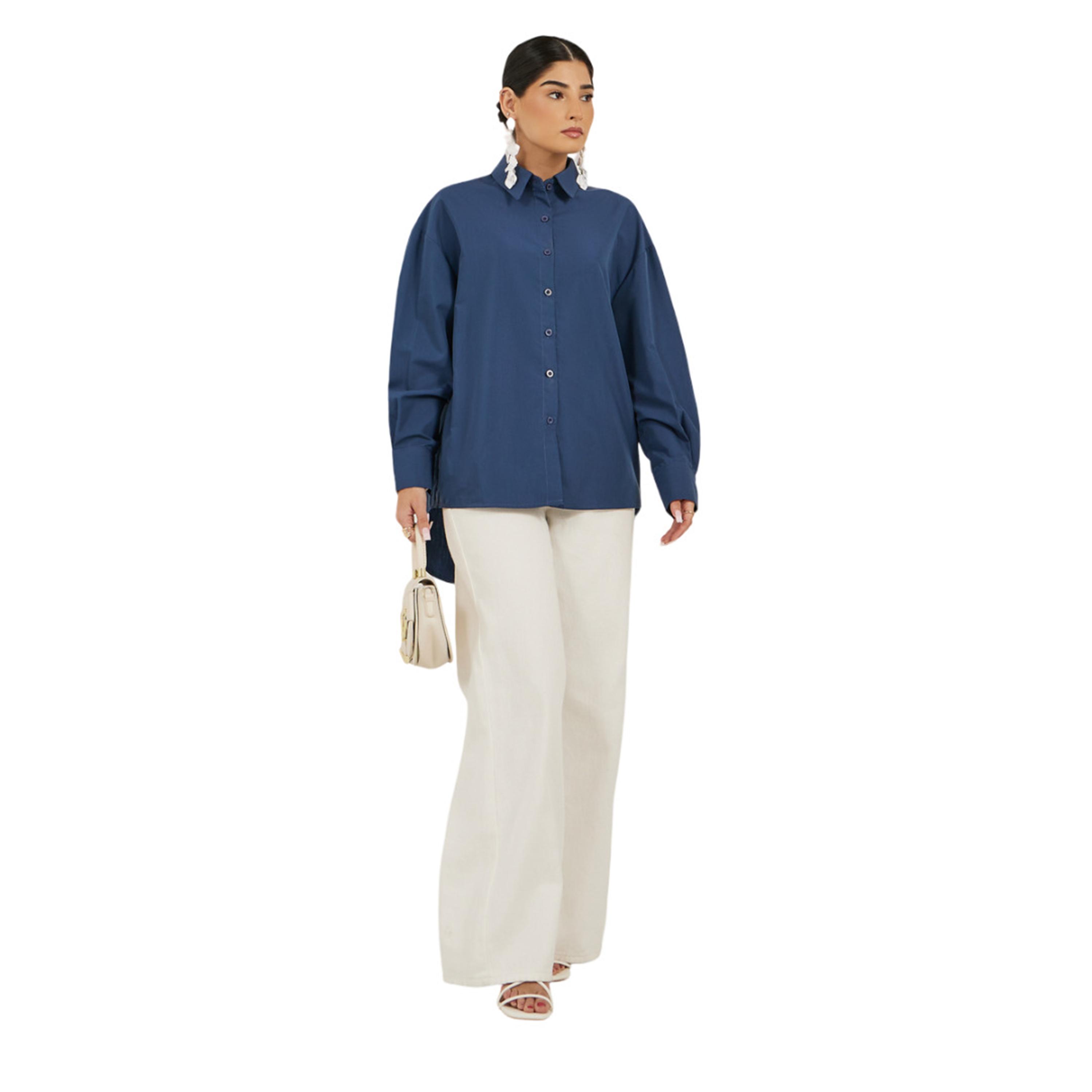 ستايلي - قميص طويل وكبير الحجم بياقة واسعة-women-clothing-shirtsandblouses-shirts-image-1