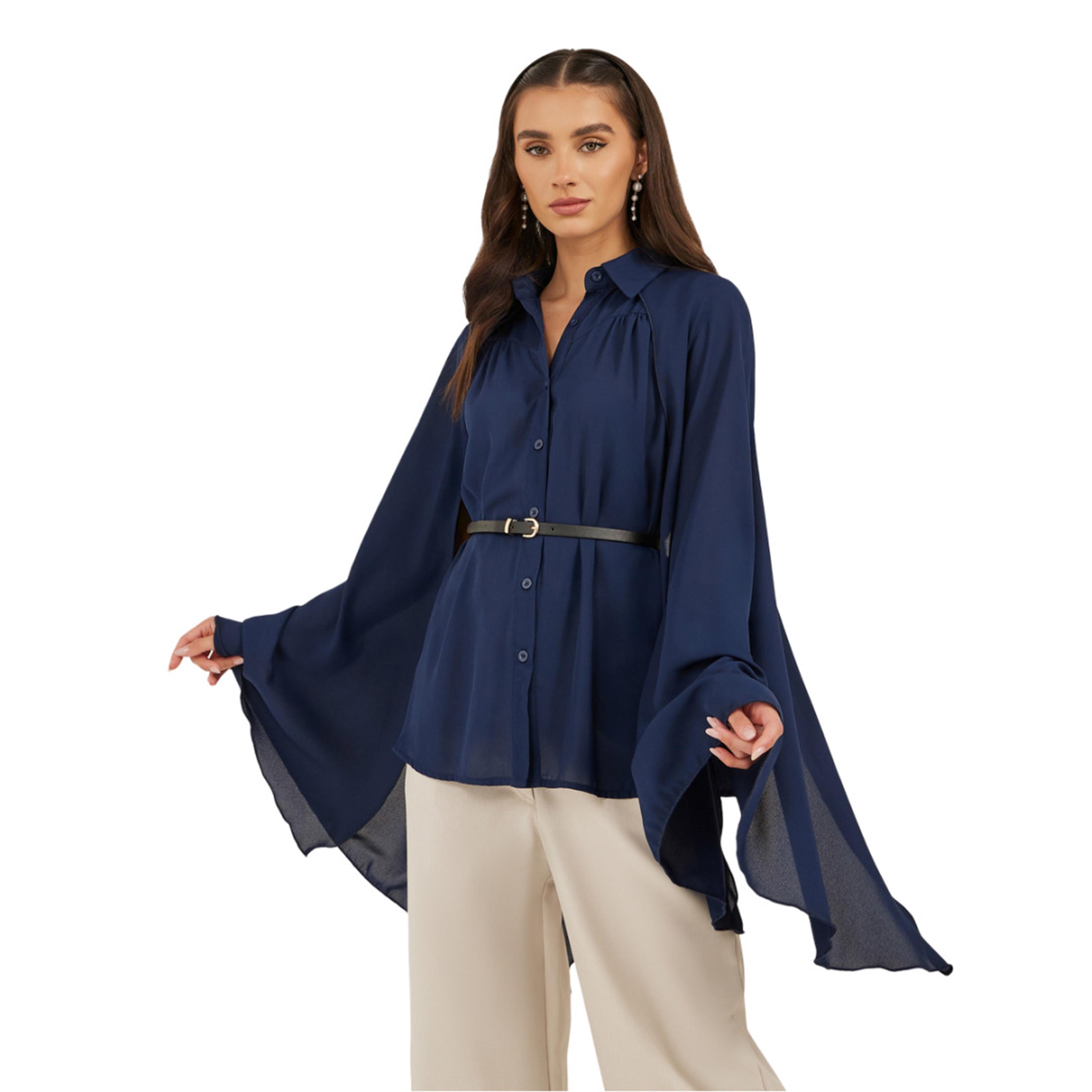 Styli Plain Belted Cape Sleeves Blouse-women-clothing-shirtsandblouses-blouses-image-1