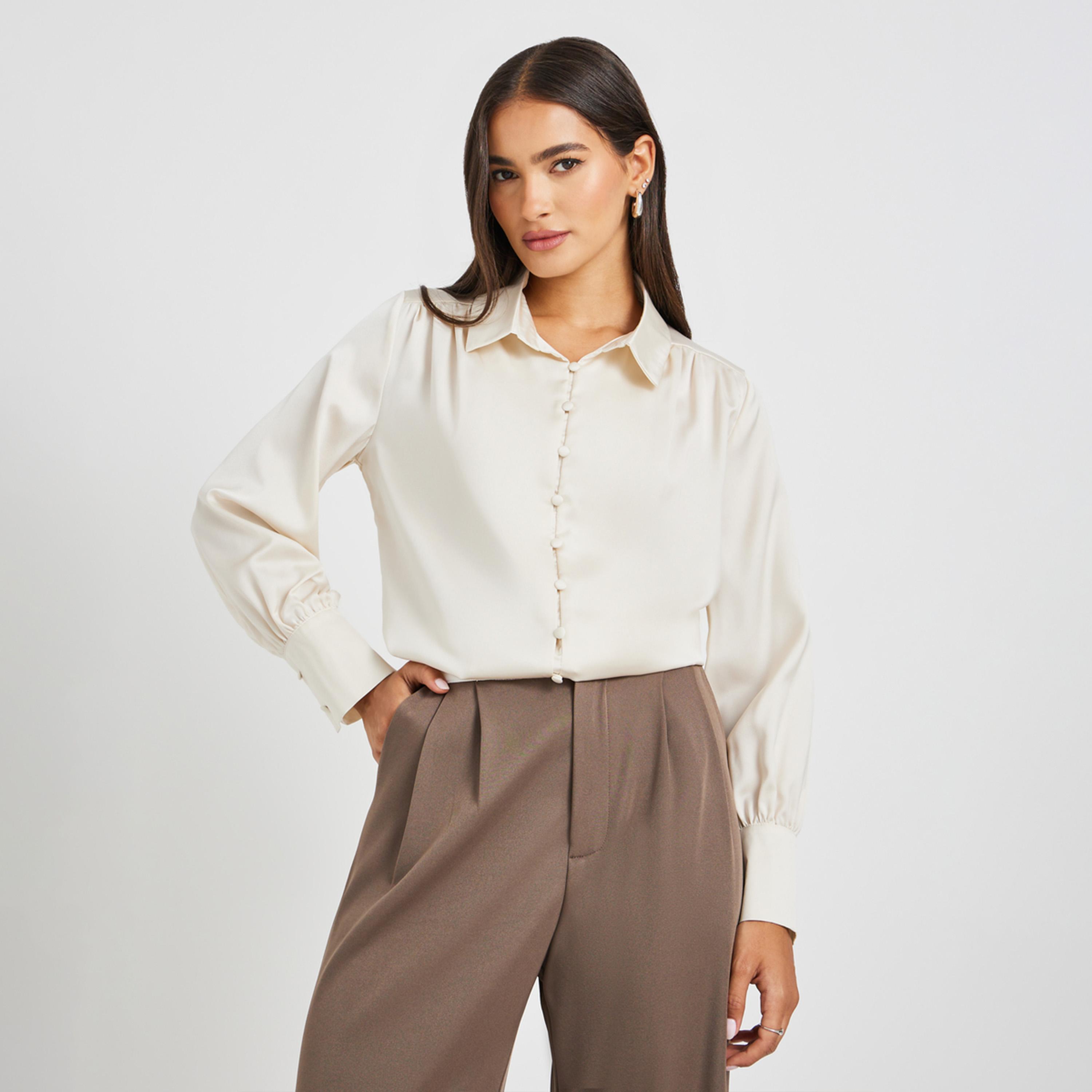Styli Satin Balloon Sleeve Button-Down Blouse-women-clothing-shirtsandblouses-blouses-image-1