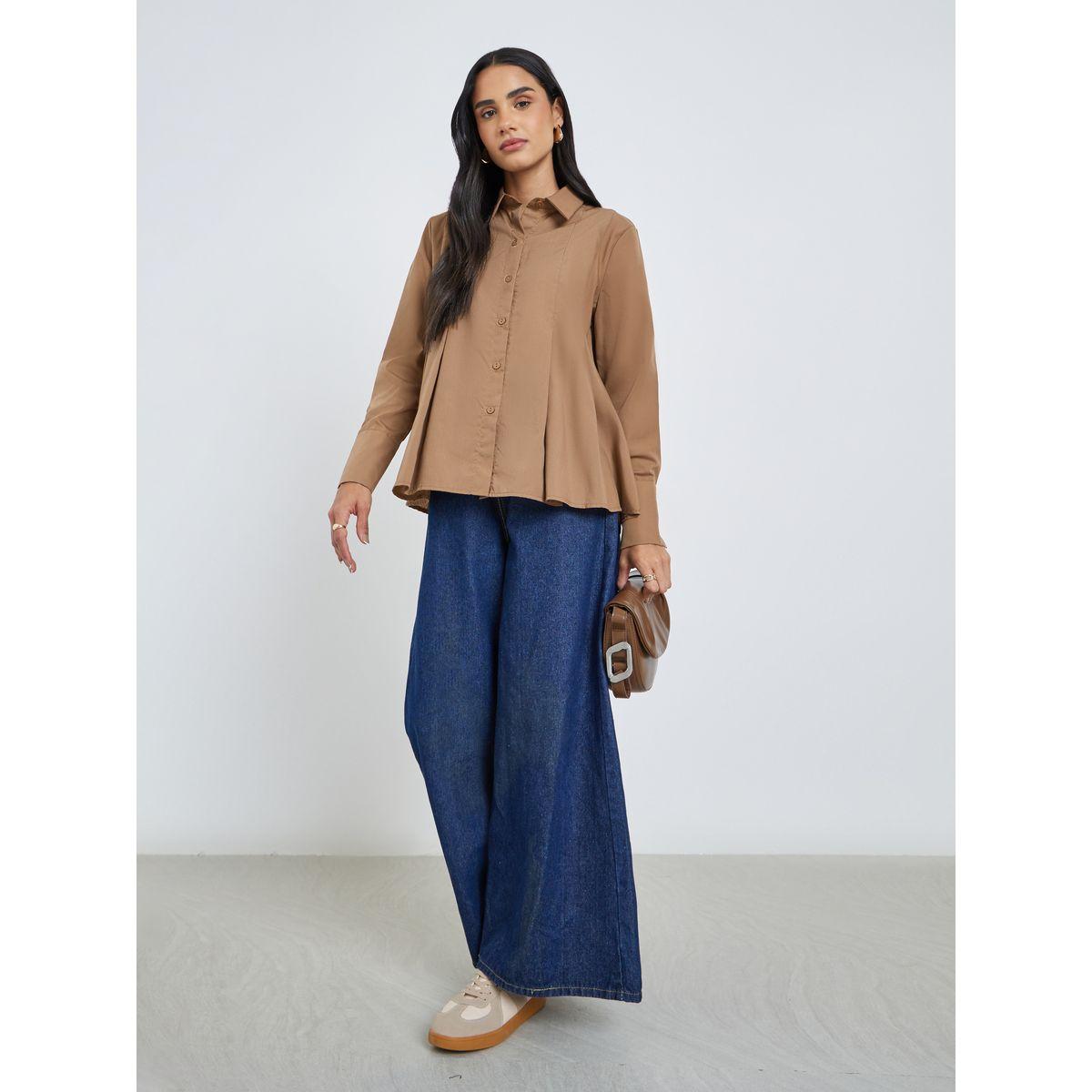 Styli Flared Box Pleat Shirt with Long Sleeves-women-clothing-shirtsandblouses-shirts-image-2