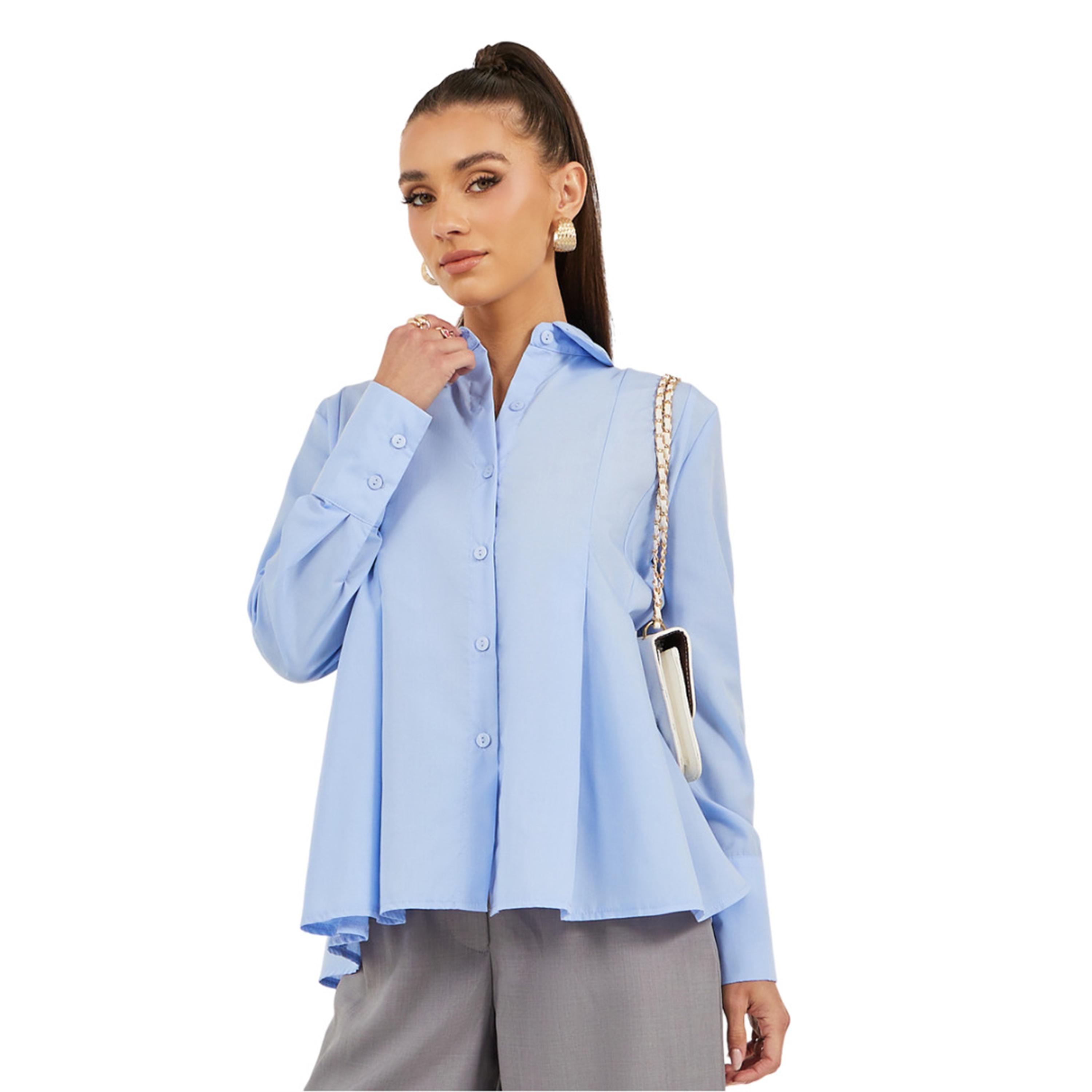 Styli Solid Long Sleeve Pleated Poplin Shirt-women-clothing-shirtsandblouses-shirts-image-1