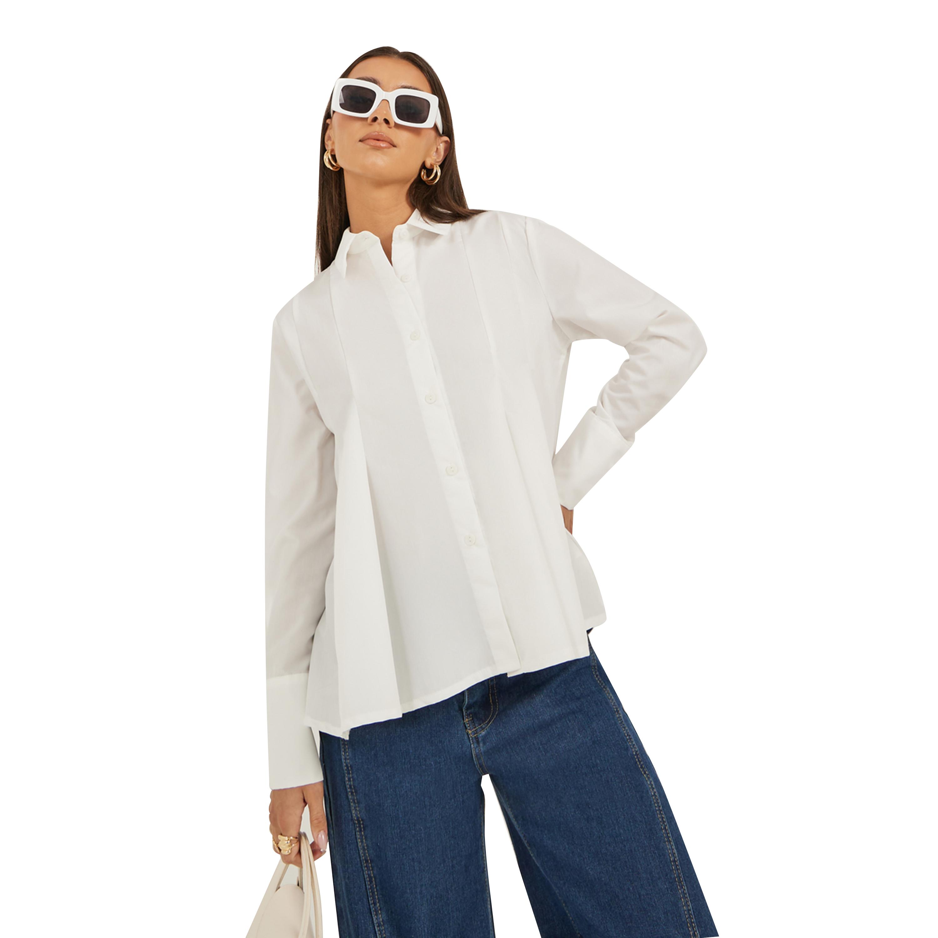 ستايلي -  قميص بوبلين سادة بأكمام طويلة ومطوي-women-clothing-shirtsandblouses-shirts-image-3