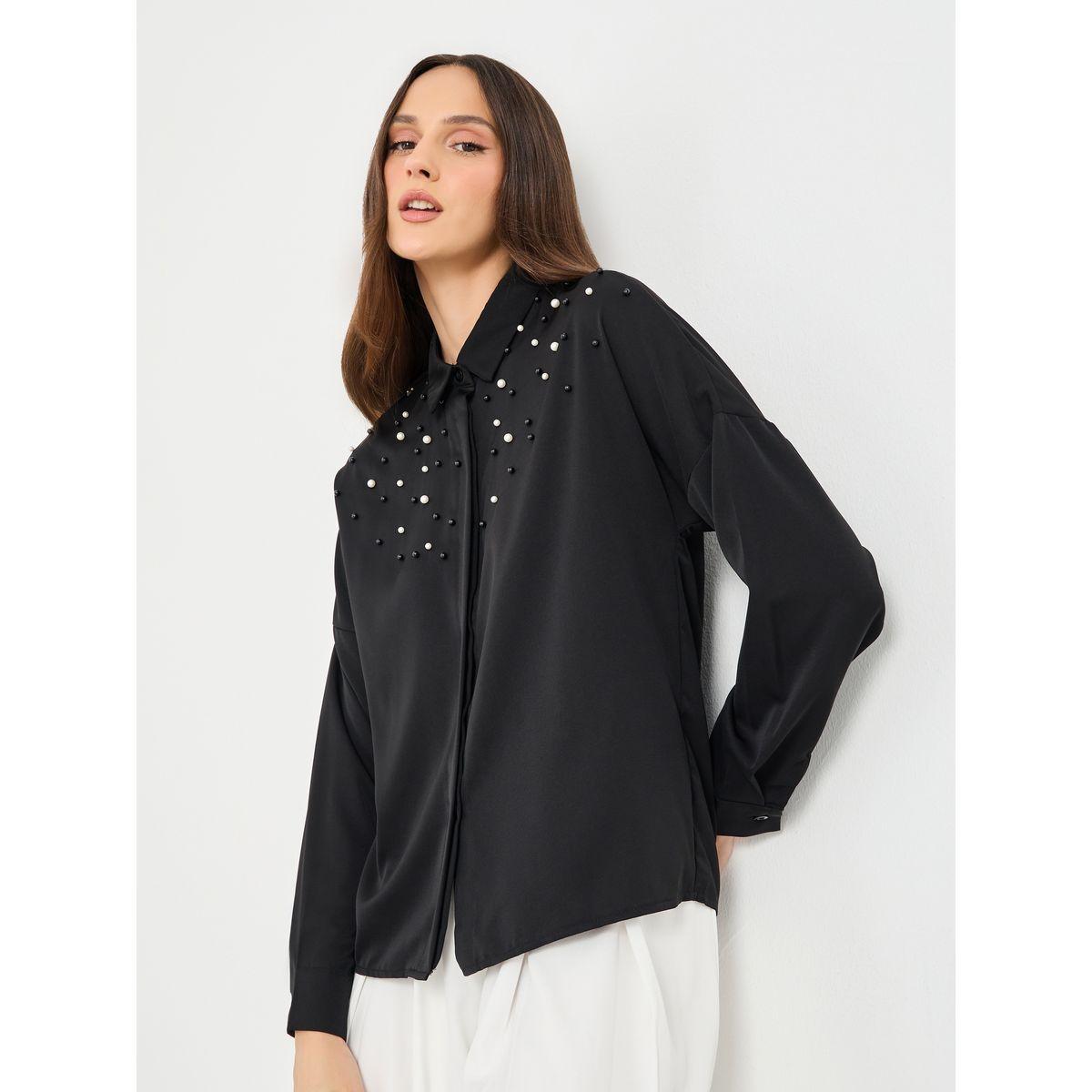 بلوزة بقصة عادية منمقة باللؤلؤ مع أكمام طويلة-women-clothing-shirtsandblouses-shirts-image-1
