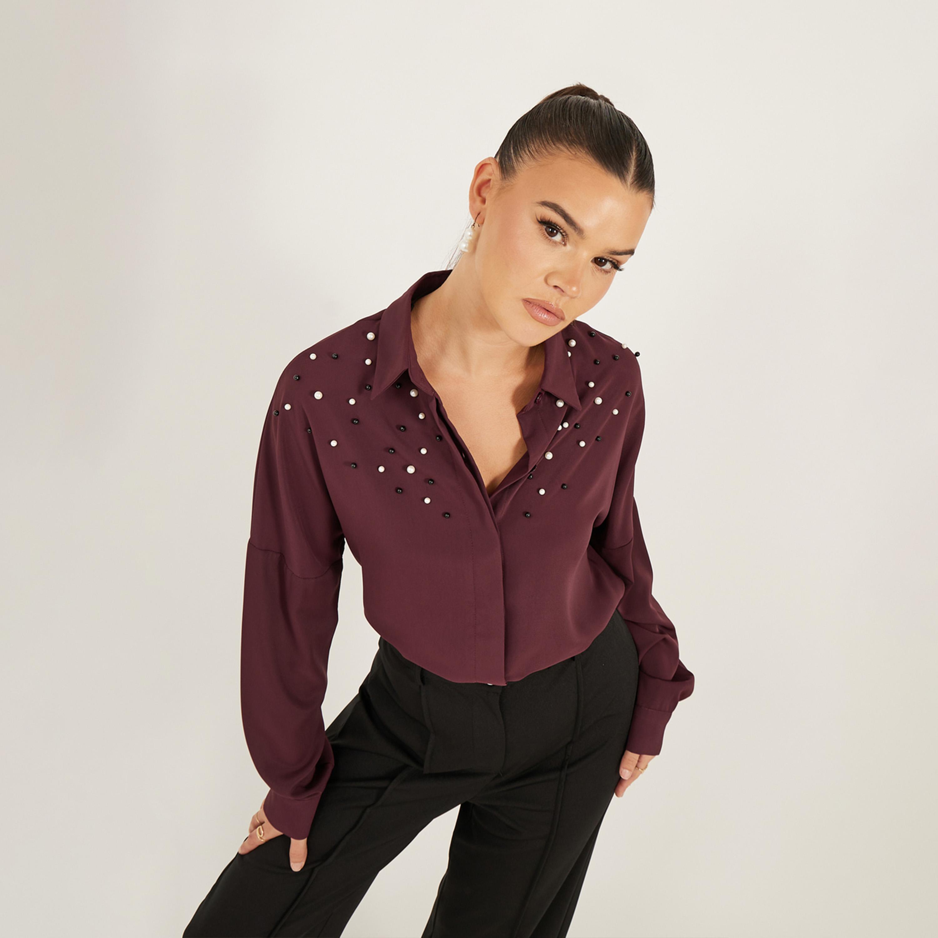 ستايلي - قميص بقصّة عادية وأكمام طويلة مزين باللؤلؤ الصناعي-women-clothing-shirtsandblouses-shirts-image-1