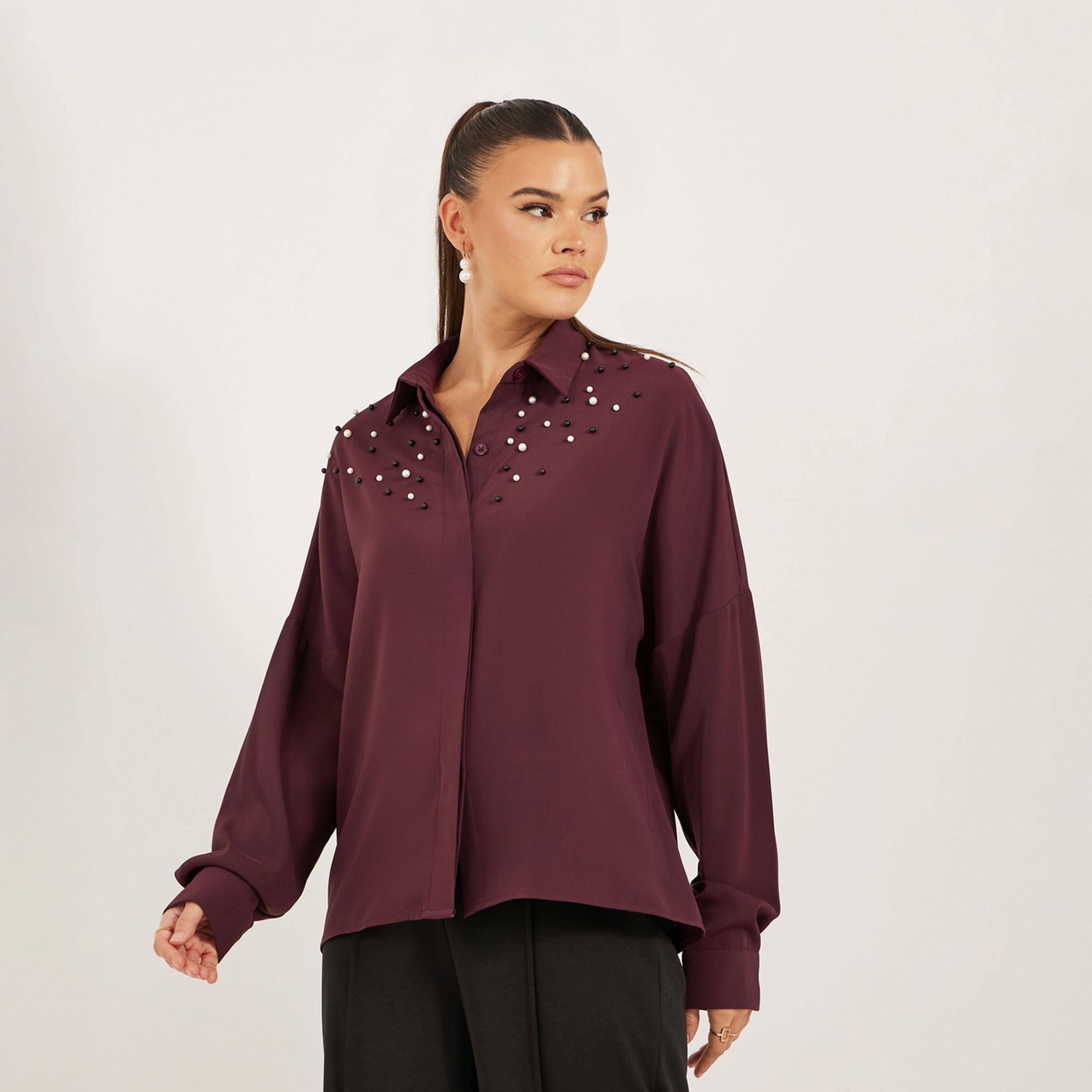 ستايلي - قميص بقصّة عادية وأكمام طويلة مزين باللؤلؤ الصناعي-women-clothing-shirtsandblouses-shirts-image-3