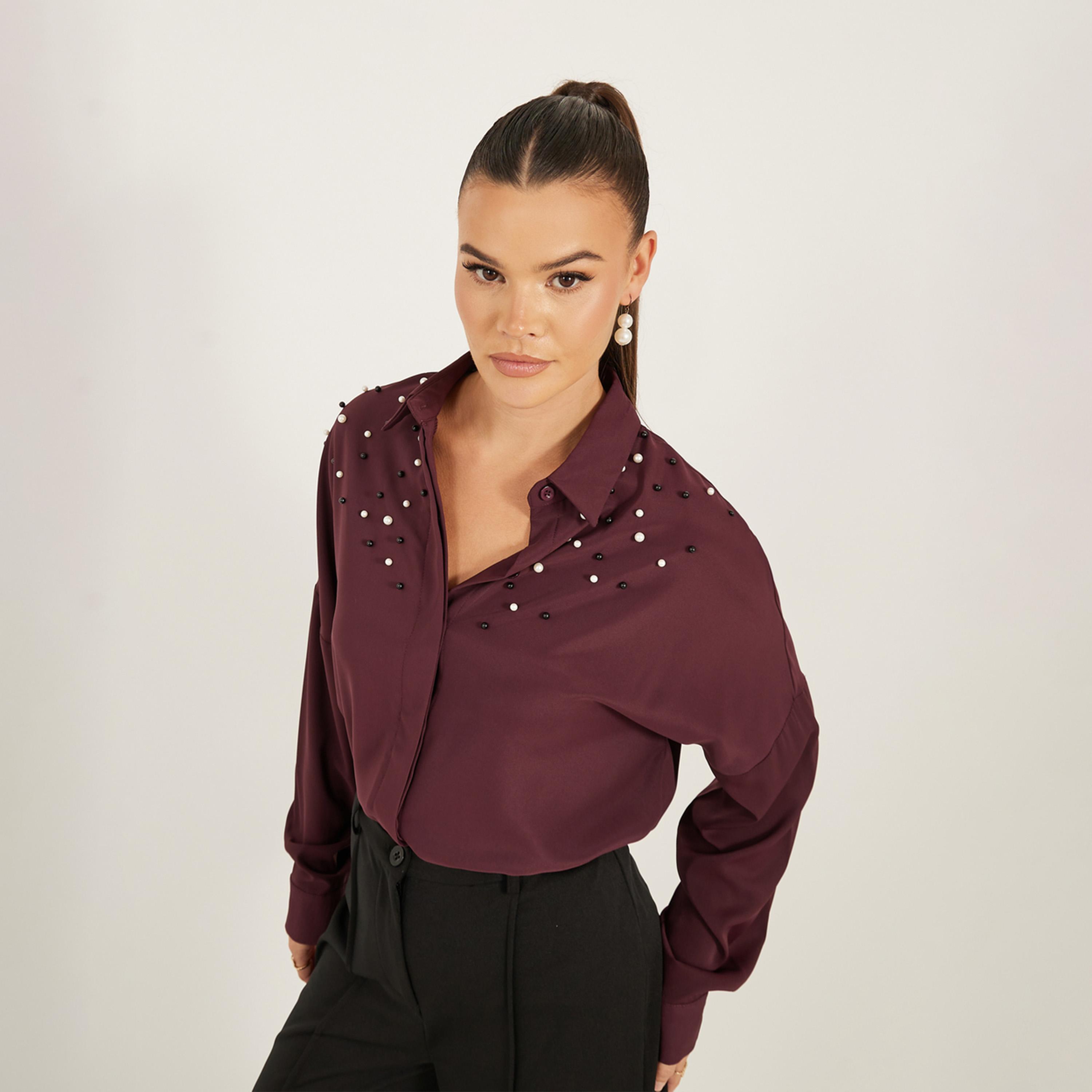 ستايلي - قميص بقصّة عادية وأكمام طويلة مزين باللؤلؤ الصناعي-women-clothing-shirtsandblouses-shirts-image-5