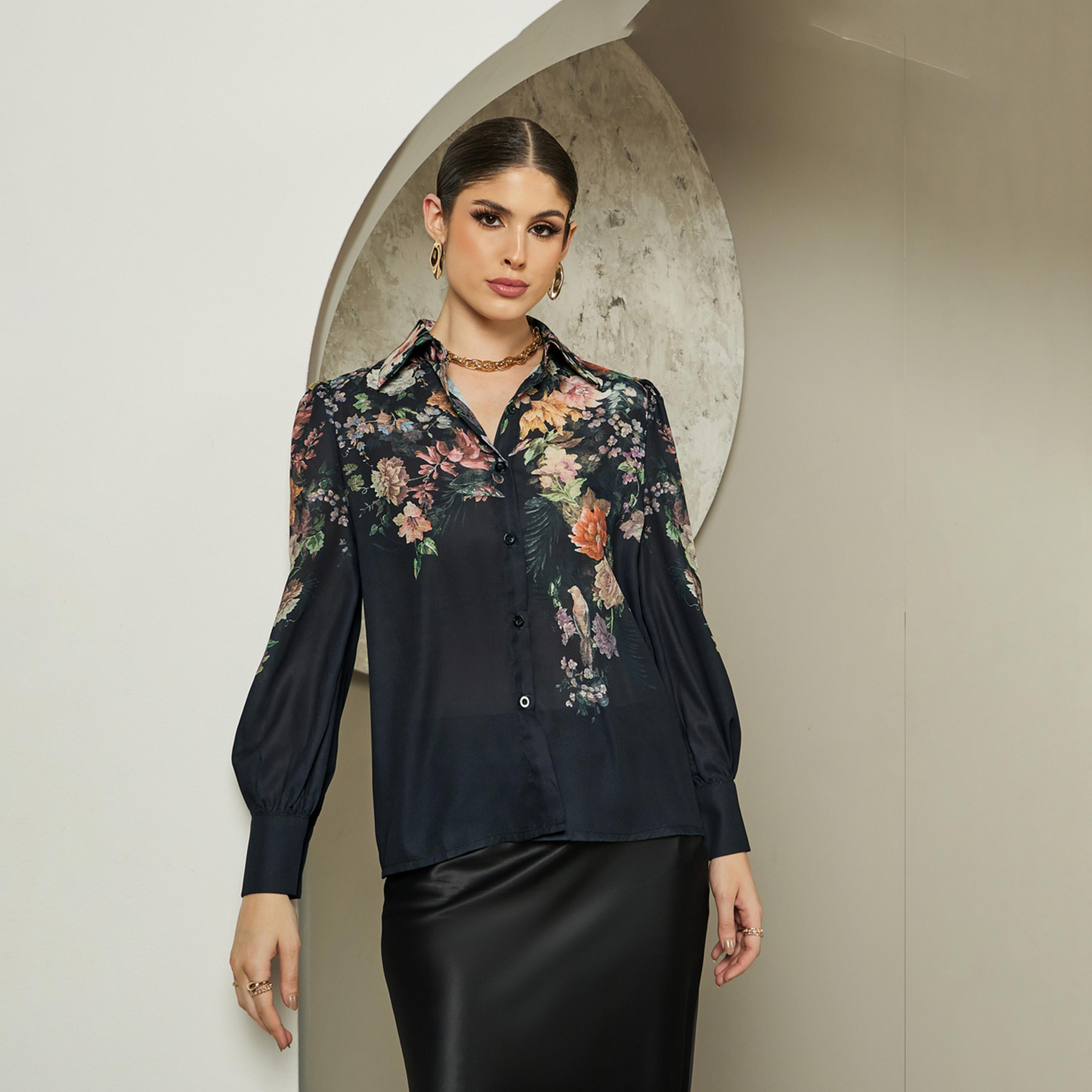Styli Floral Print Balloon Sleeve Spread Collar Shirt-women-clothing-shirtsandblouses-shirts-image-2