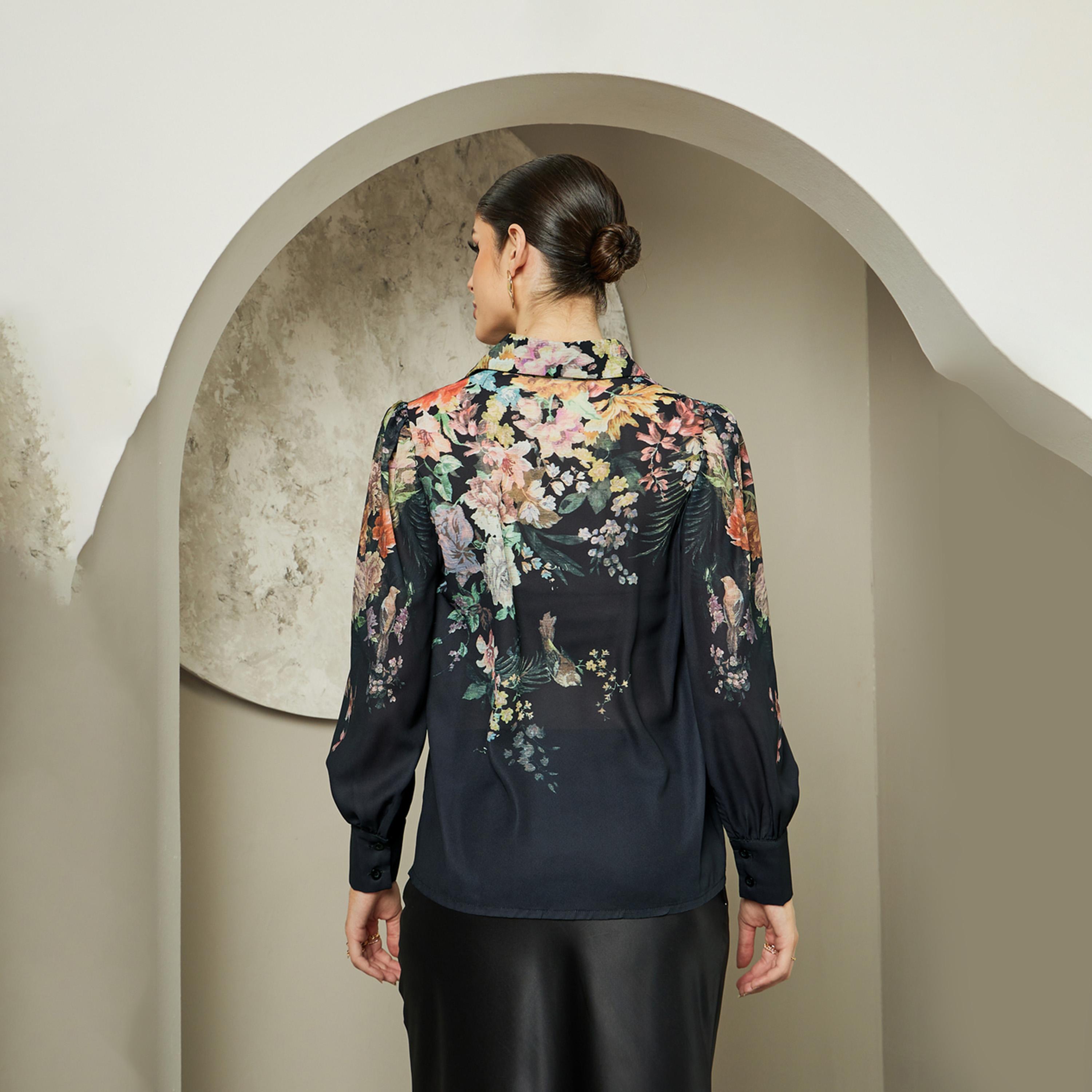 Styli Floral Print Balloon Sleeve Spread Collar Shirt-women-clothing-shirtsandblouses-shirts-image-5