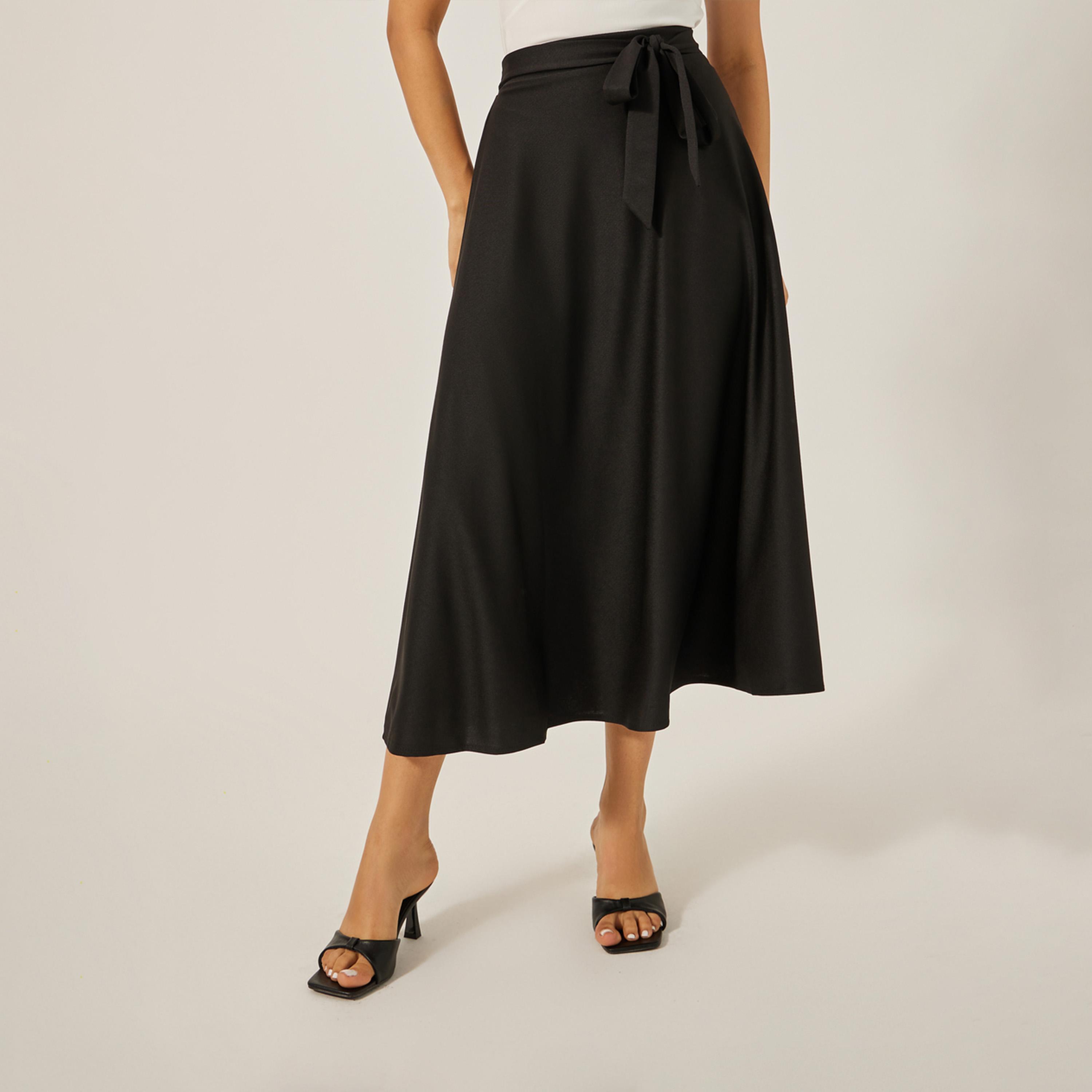 ستايلي - تنورة ميدي عالية الخصر بتصميم A مع حزام برباط-women-clothing-bottoms-skirts-image-2