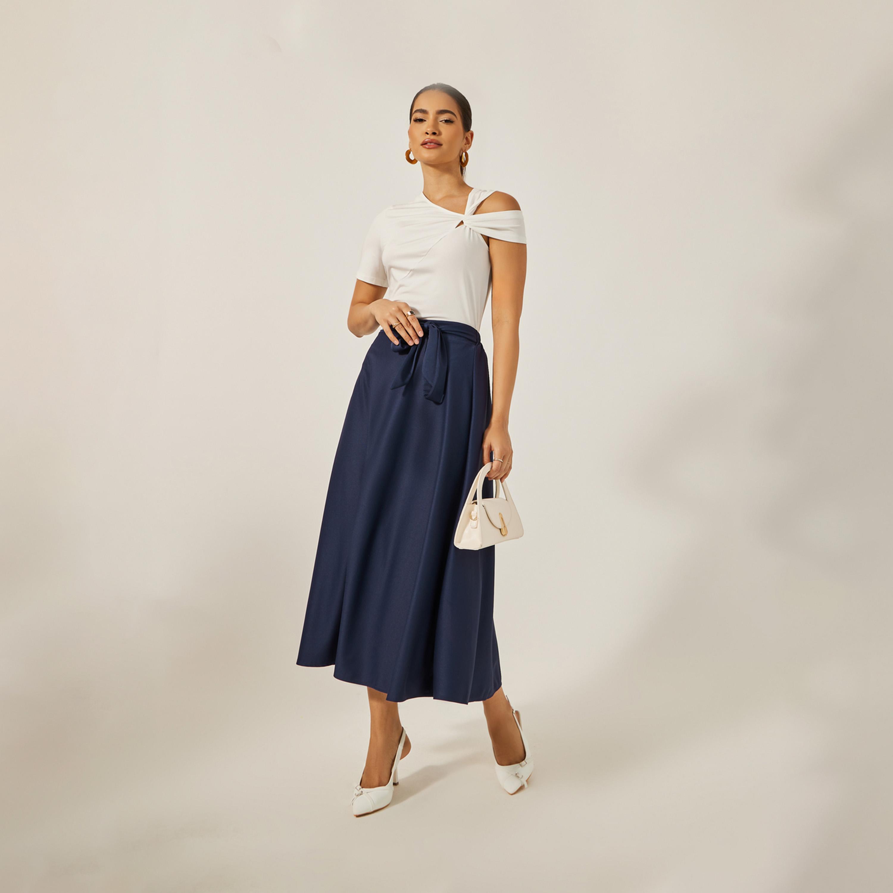 ستايلي - تنورة ميدي عالية الخصر بتصميم A مع حزام برباط-women-clothing-bottoms-skirts-image-1