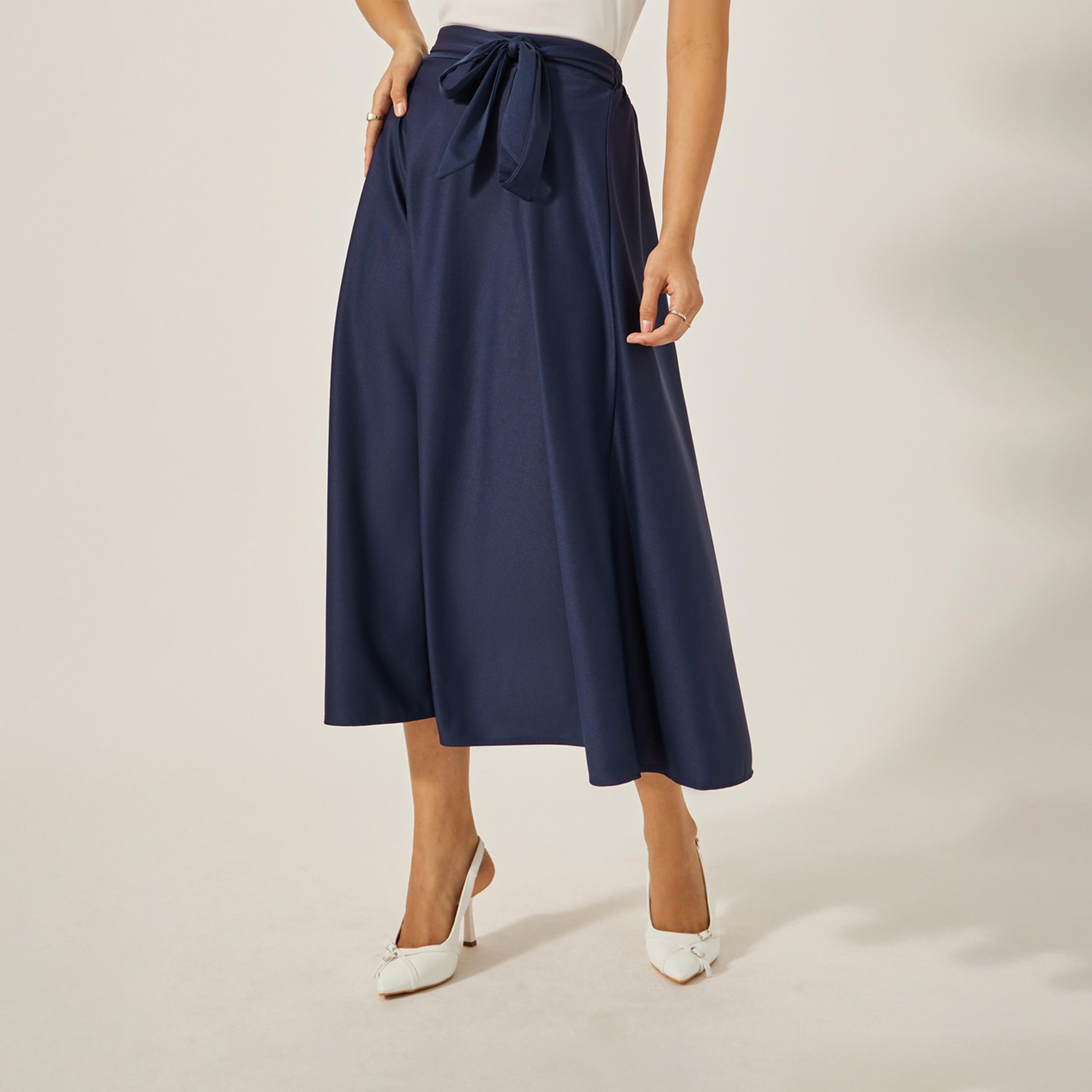 ستايلي - تنورة ميدي عالية الخصر بتصميم A مع حزام برباط-women-clothing-bottoms-skirts-image-2