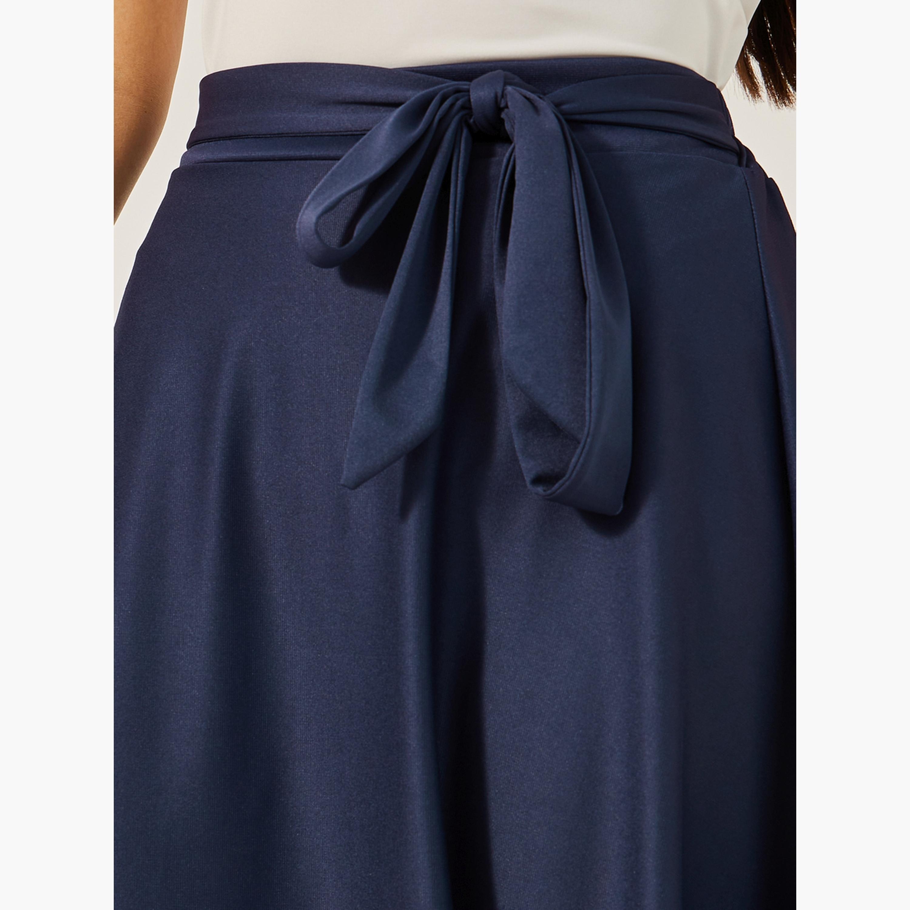 ستايلي - تنورة ميدي عالية الخصر بتصميم A مع حزام برباط-women-clothing-bottoms-skirts-image-3