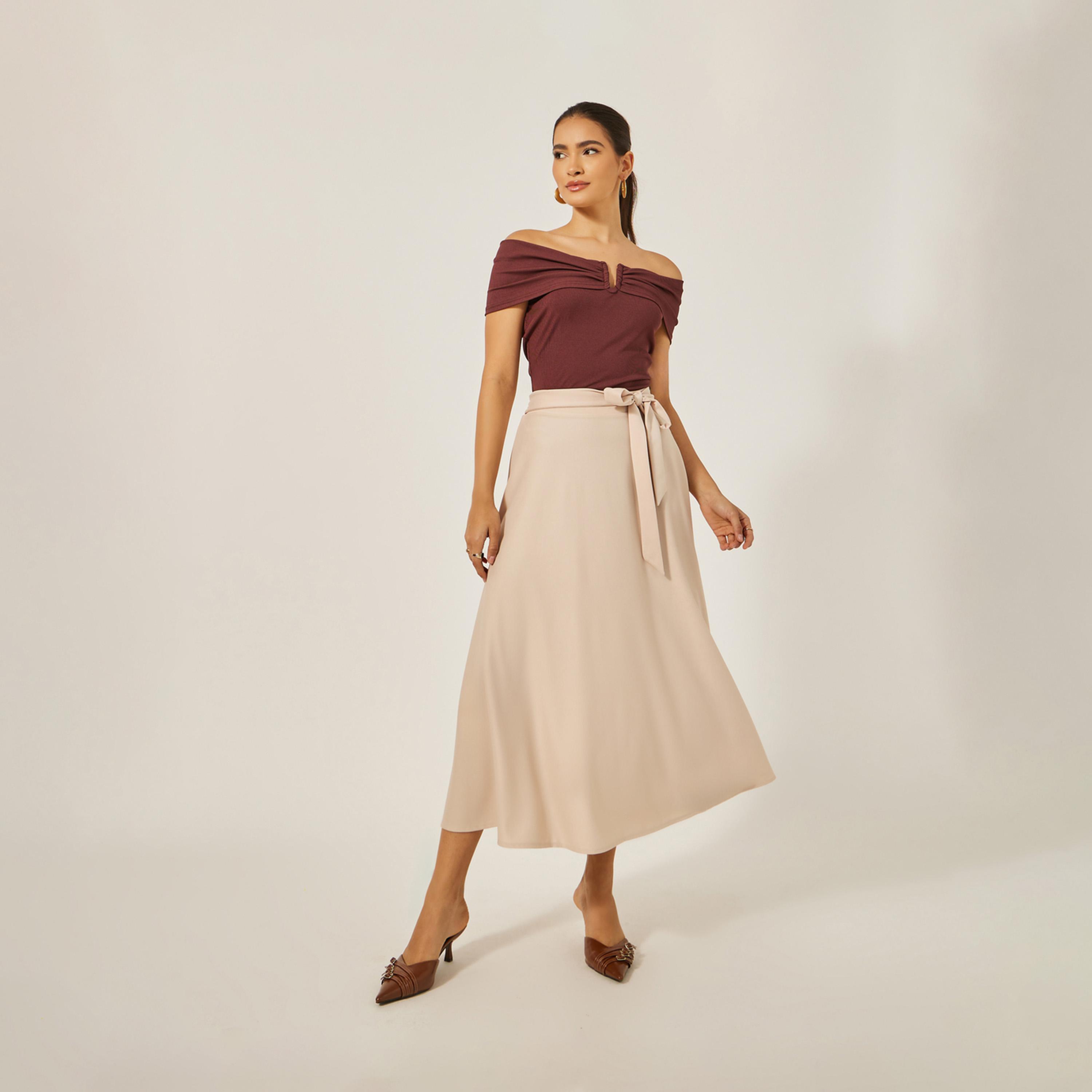 ستايلي - تنورة ميدي عالية الخصر بتصميم A مع حزام برباط-women-clothing-bottoms-skirts-image-1