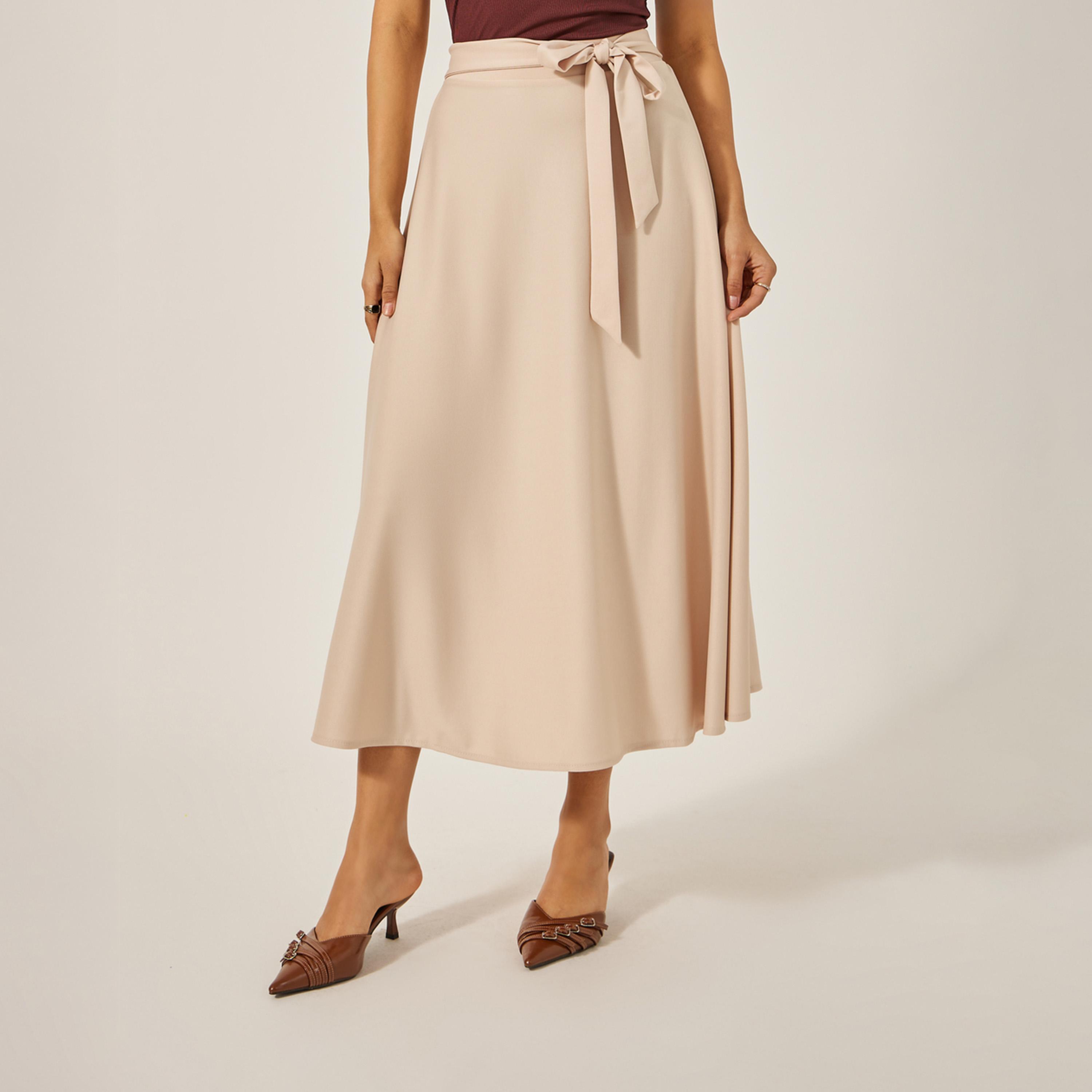 ستايلي - تنورة ميدي عالية الخصر بتصميم A مع حزام برباط-women-clothing-bottoms-skirts-image-2