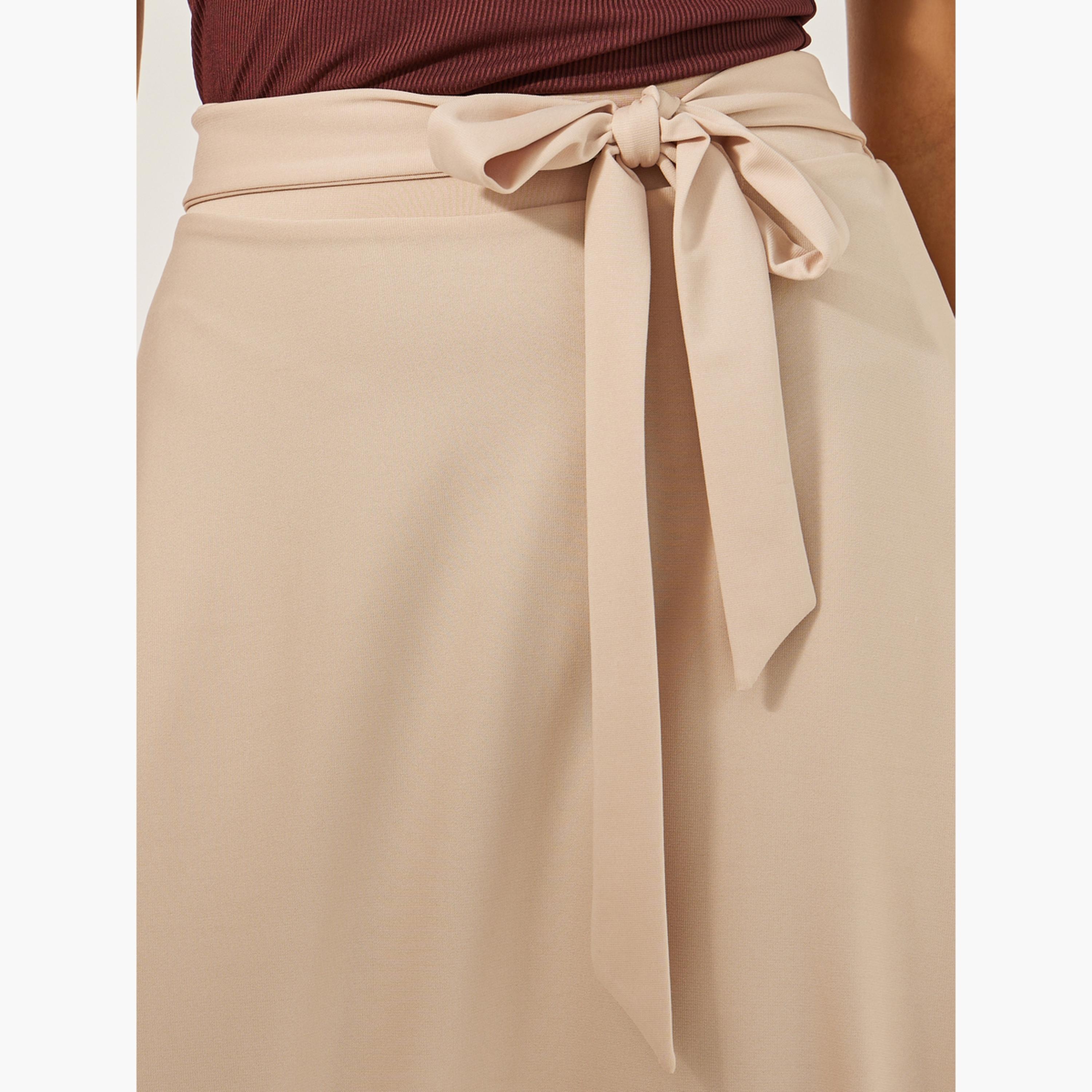 ستايلي - تنورة ميدي عالية الخصر بتصميم A مع حزام برباط-women-clothing-bottoms-skirts-image-3