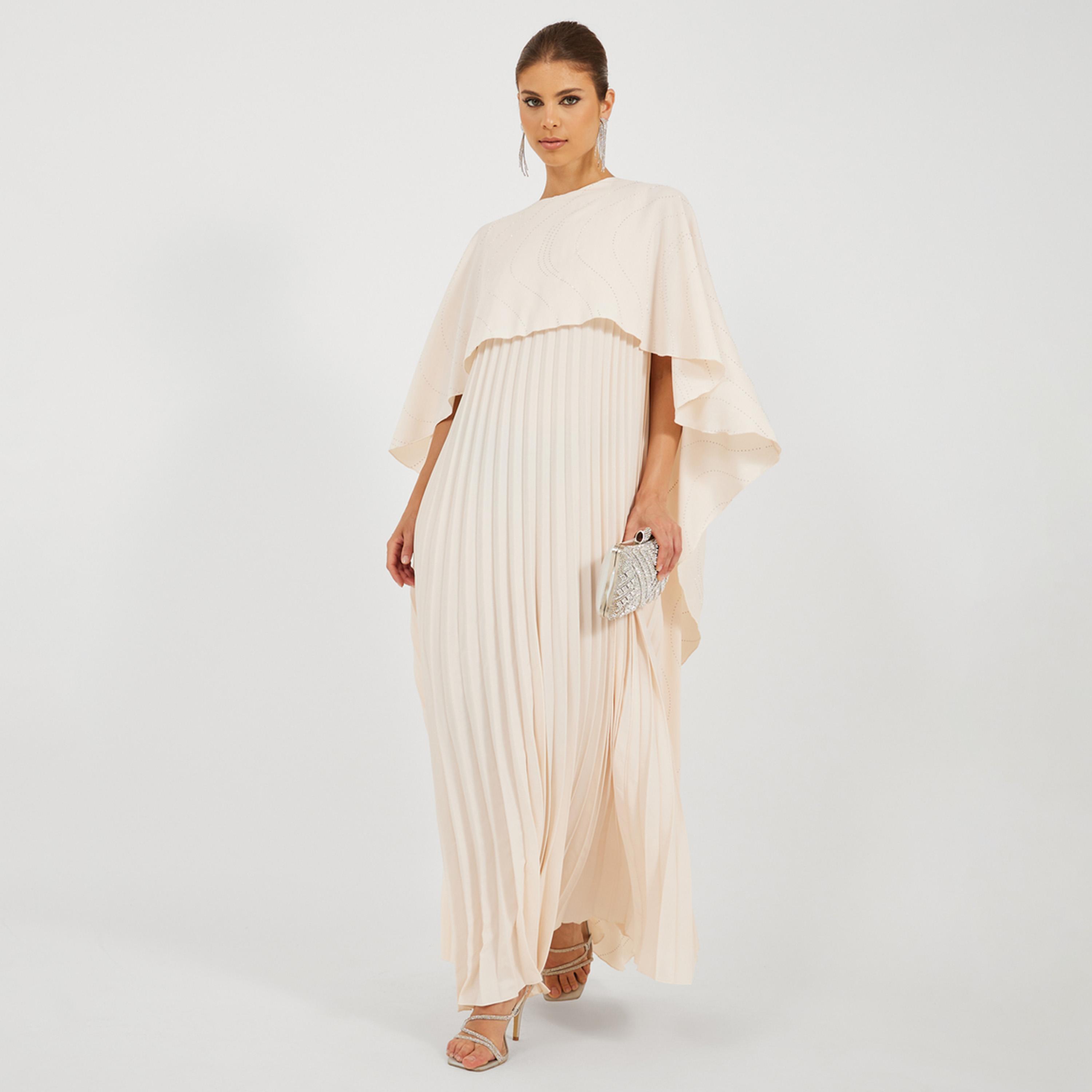 Styli Solid Pleated Cape Sleeve A-Line Maxi Dress-women-clothing-dresses-image-1